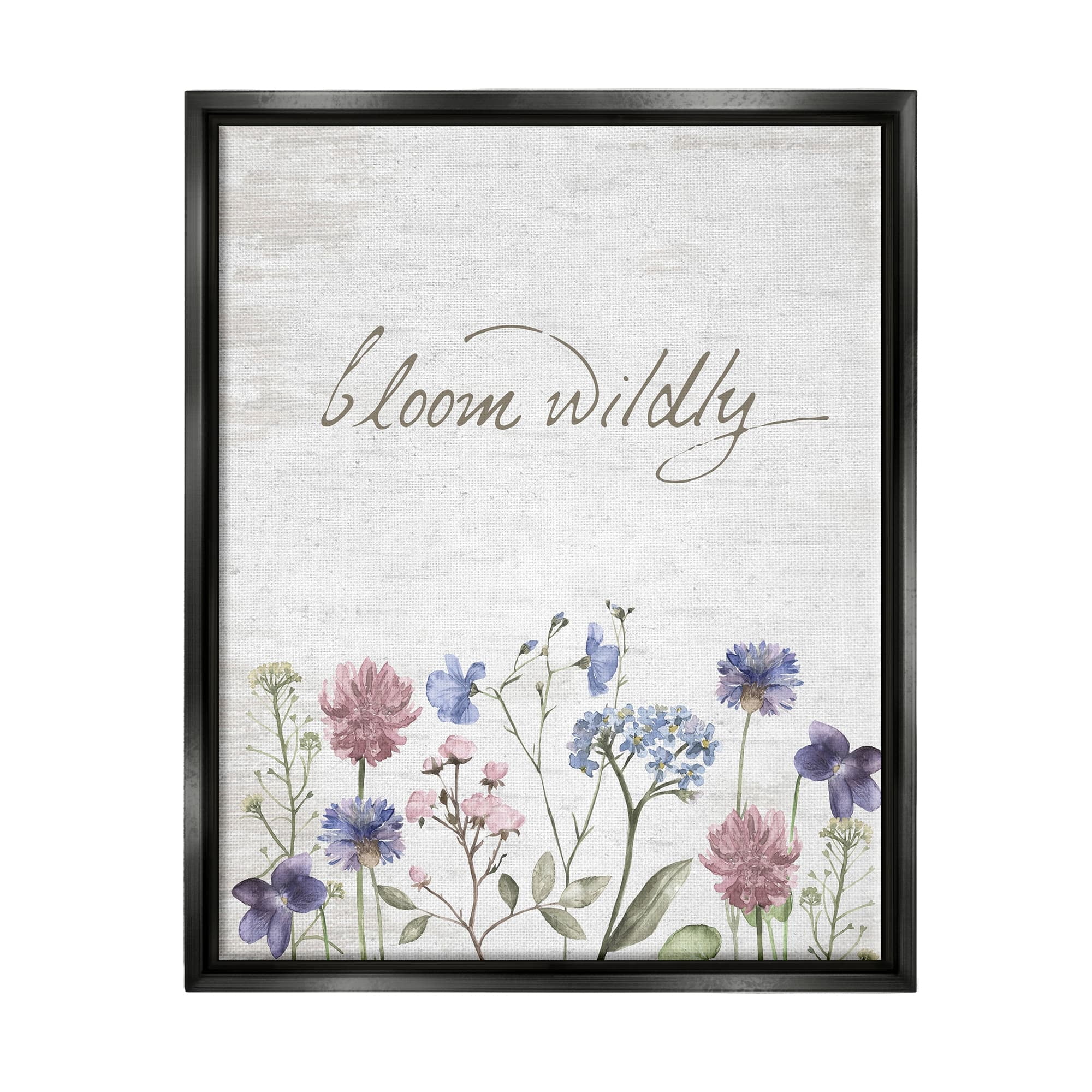 Stupell Industries Bloom Wildly Flower Blossoms Botanicals Rustic Design Graphic Art Jet Black Floating Framed Canvas Print Wall Art, Design by Lettered and Lined
