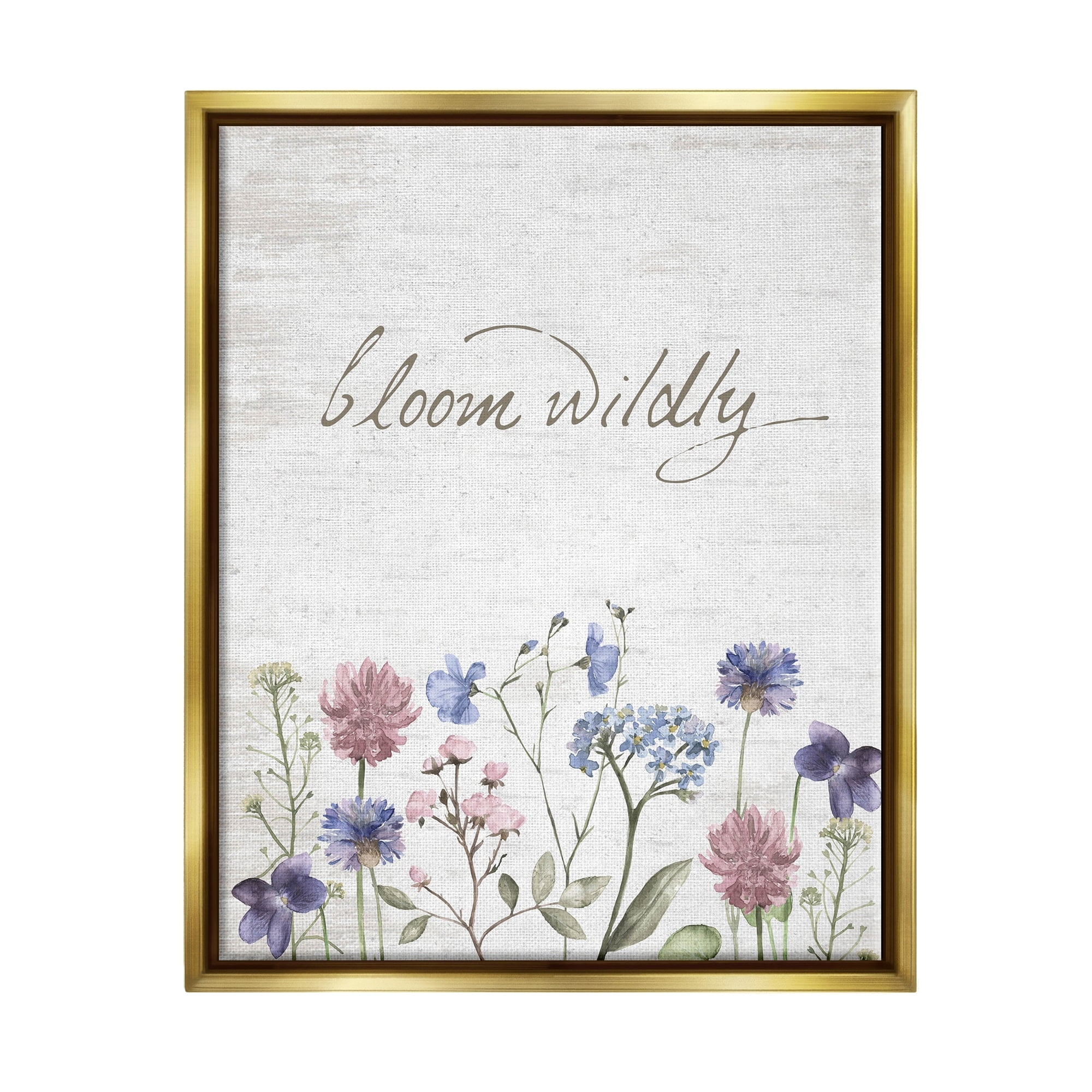 Stupell Industries Bloom Wildly Flower Blossoms Botanicals Rustic Design Graphic Art Metallic Gold Floating Framed Canvas Print Wall Art, Design by Lettered and Lined