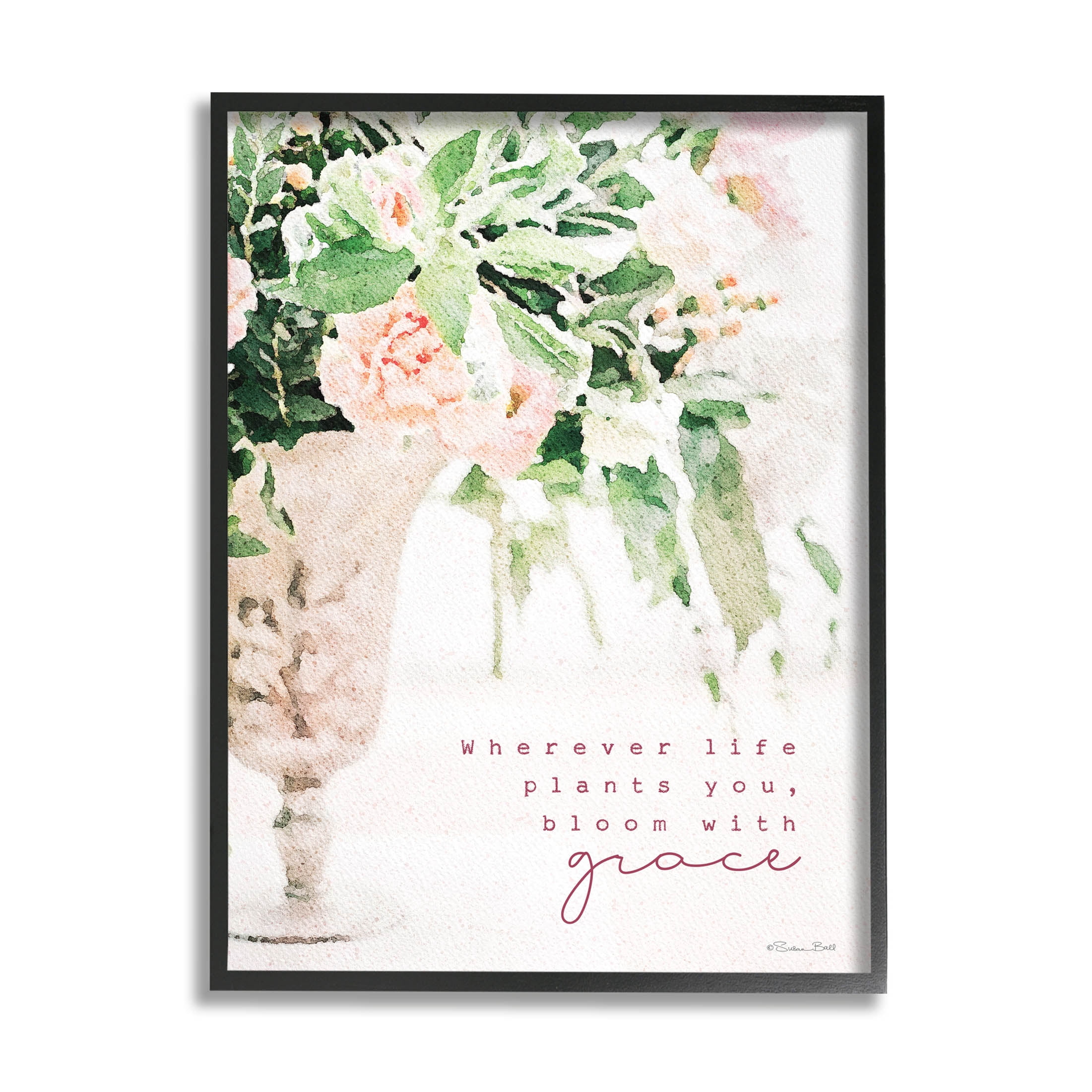 Stupell Industries Bloom With Grace Floral Phrase Graphic Art Black Framed Art Print Wall Art, Design by Susan Ball
