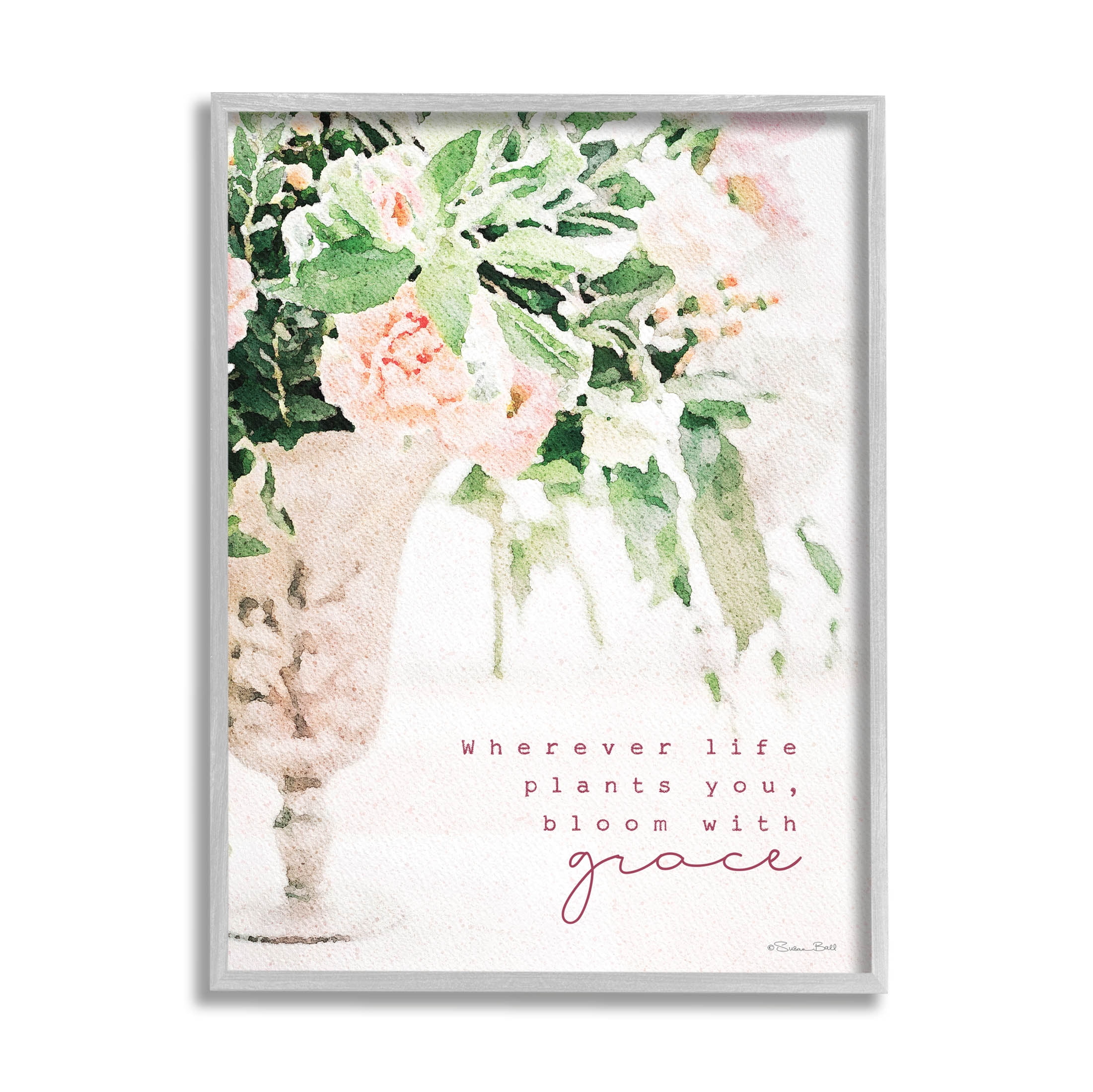 Stupell Industries Bloom With Grace Floral Phrase Graphic Art Gray Framed Art Print Wall Art, Design by Susan Ball
