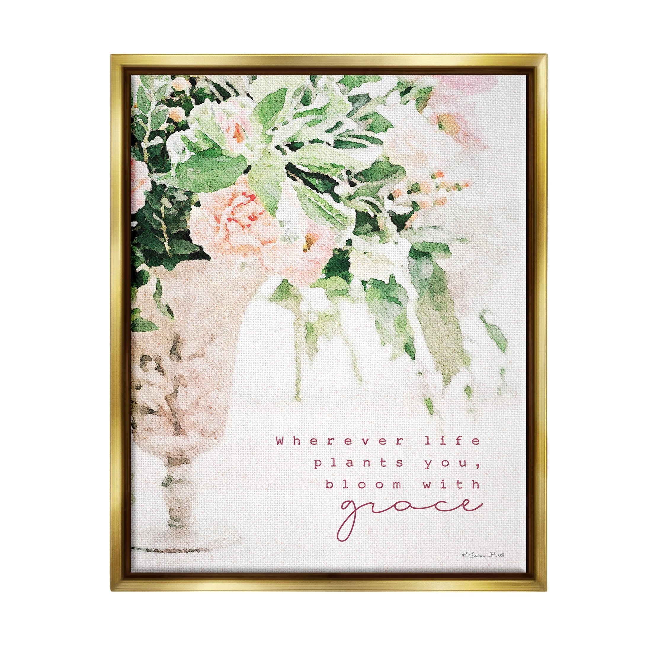 Stupell Industries Bloom With Grace Floral Phrase Graphic Art Metallic Gold Floating Framed Canvas Print Wall Art, Design by Susan Ball