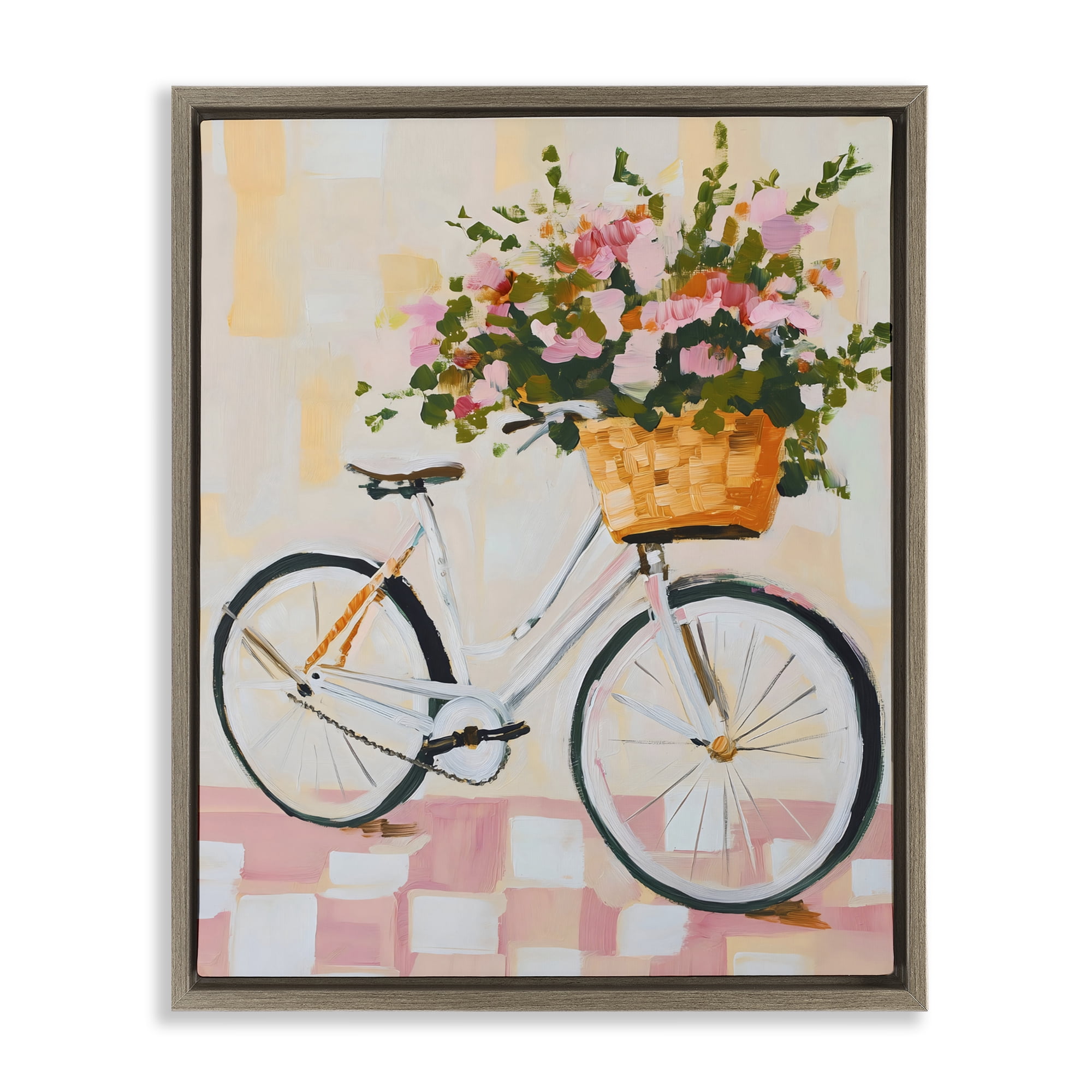 Stupell Industries Blooming Bicycle Basket Brown Framed Floater Canvas Wall Art, design by The Prints Vibe