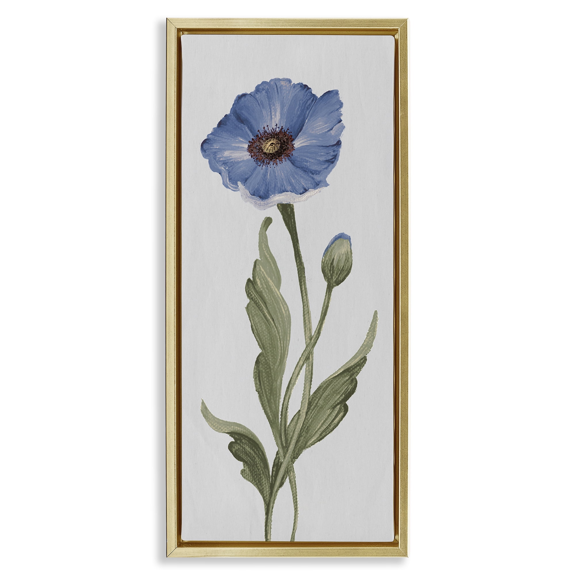 Stupell Industries Blooming Blue Poppy Botanical & Floral Painting Gold Floater Framed Art Print Wall Art, 15 x 31