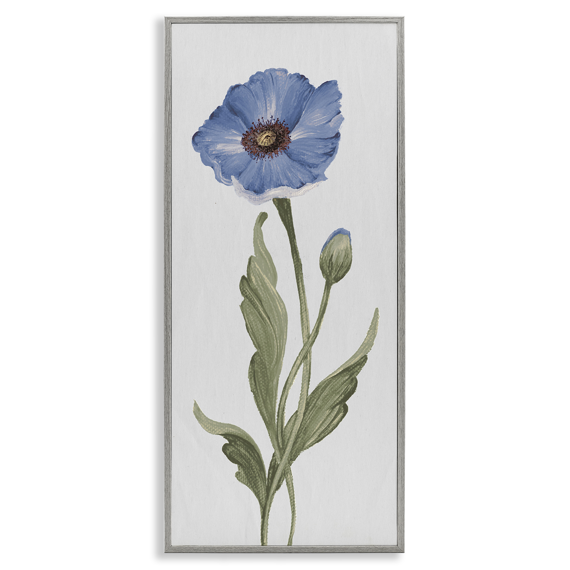 Stupell Industries Blooming Blue Poppy Botanical & Floral Painting Gray Framed Art Print Wall Art, 10 x 24