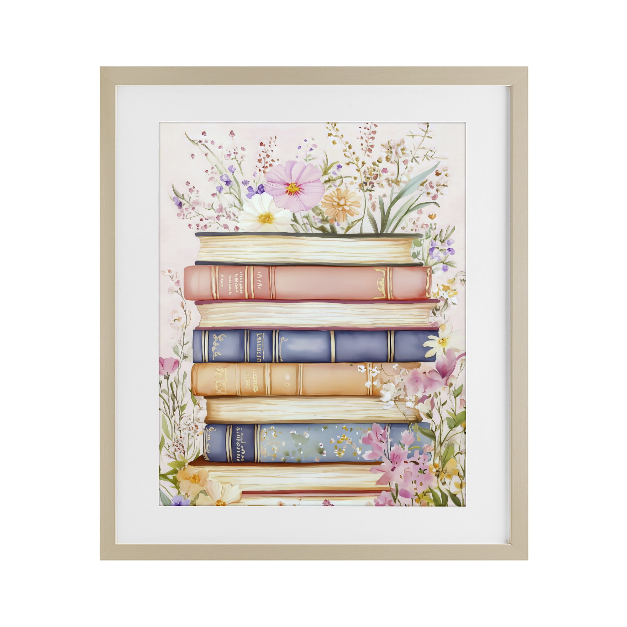 Stupell Industries Blooming Bookstack in Pastels Birch Framed Print Under Glass, design by LSR Design Studio