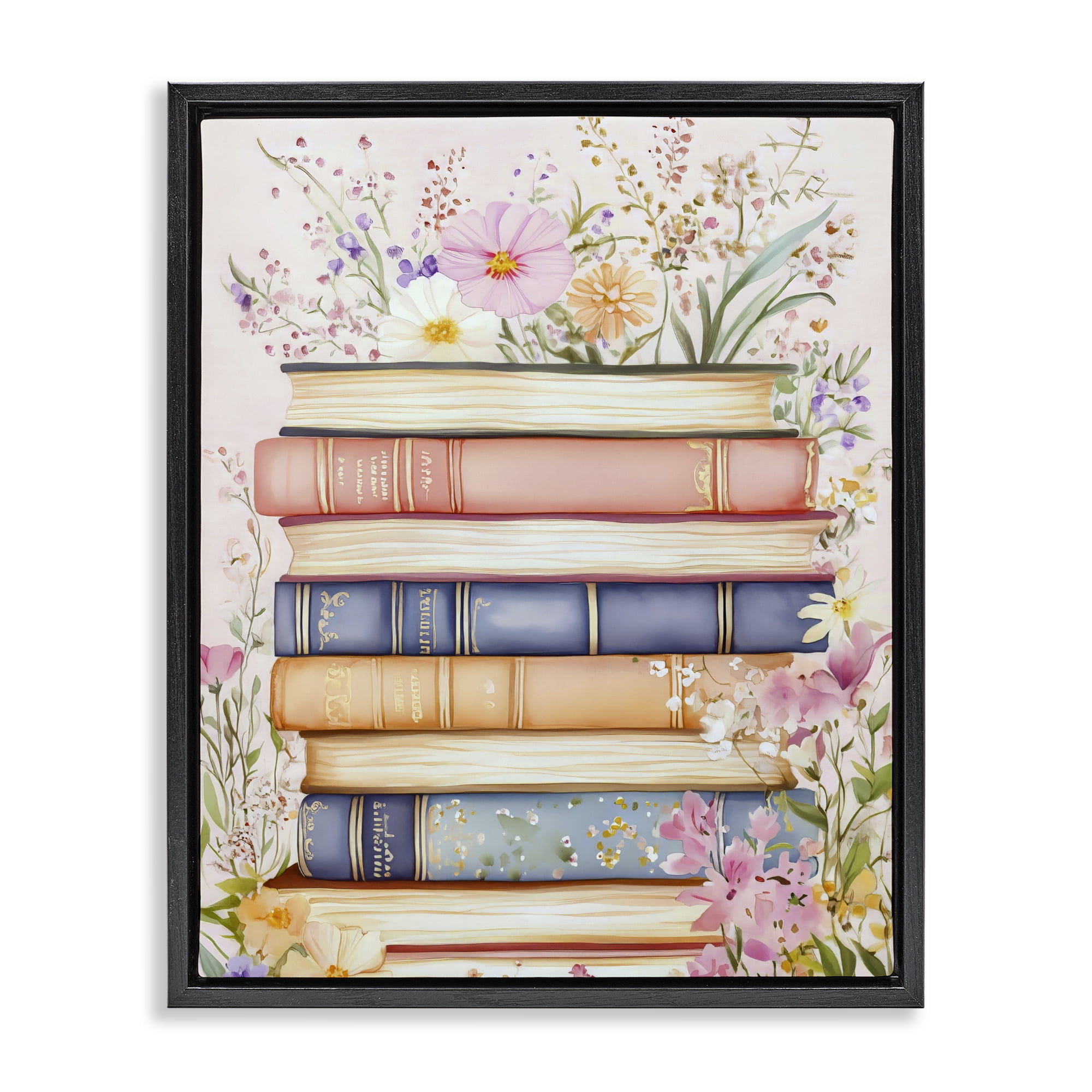 Stupell Industries Blooming Bookstack in Pastels Black Framed Floater Canvas Wall Art, design by LSR Design Studio