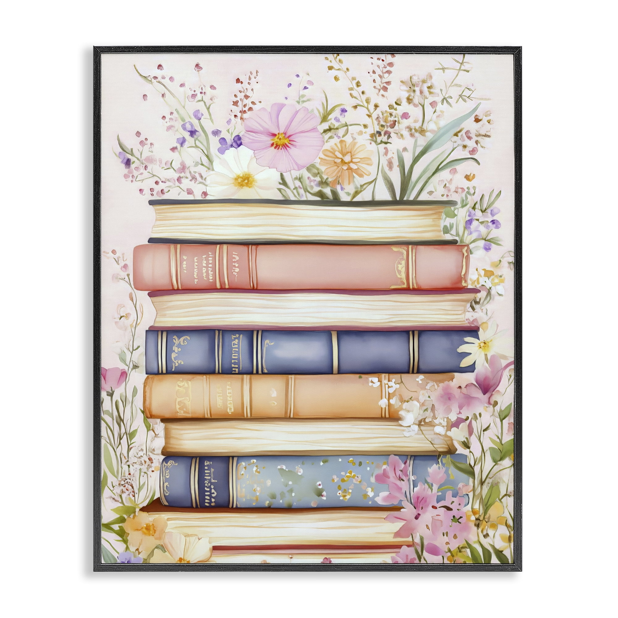 Stupell Industries Blooming Bookstack in Pastels Black Framed Giclee Art, design by LSR Design Studio