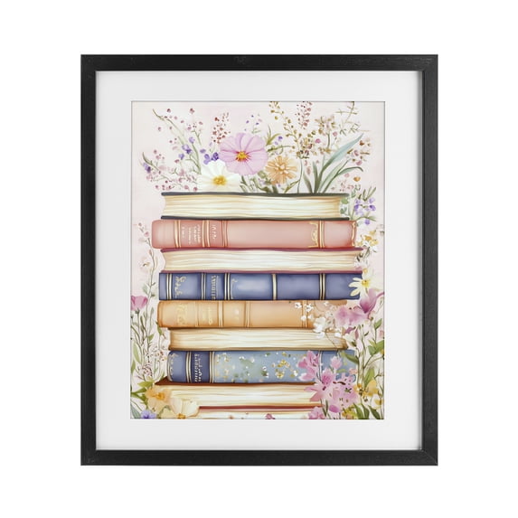 Stupell Industries Cottage Blooming Bookstack in Pastels Black Framed Print Under Glass, 13 x 16, by LSR Design Studio