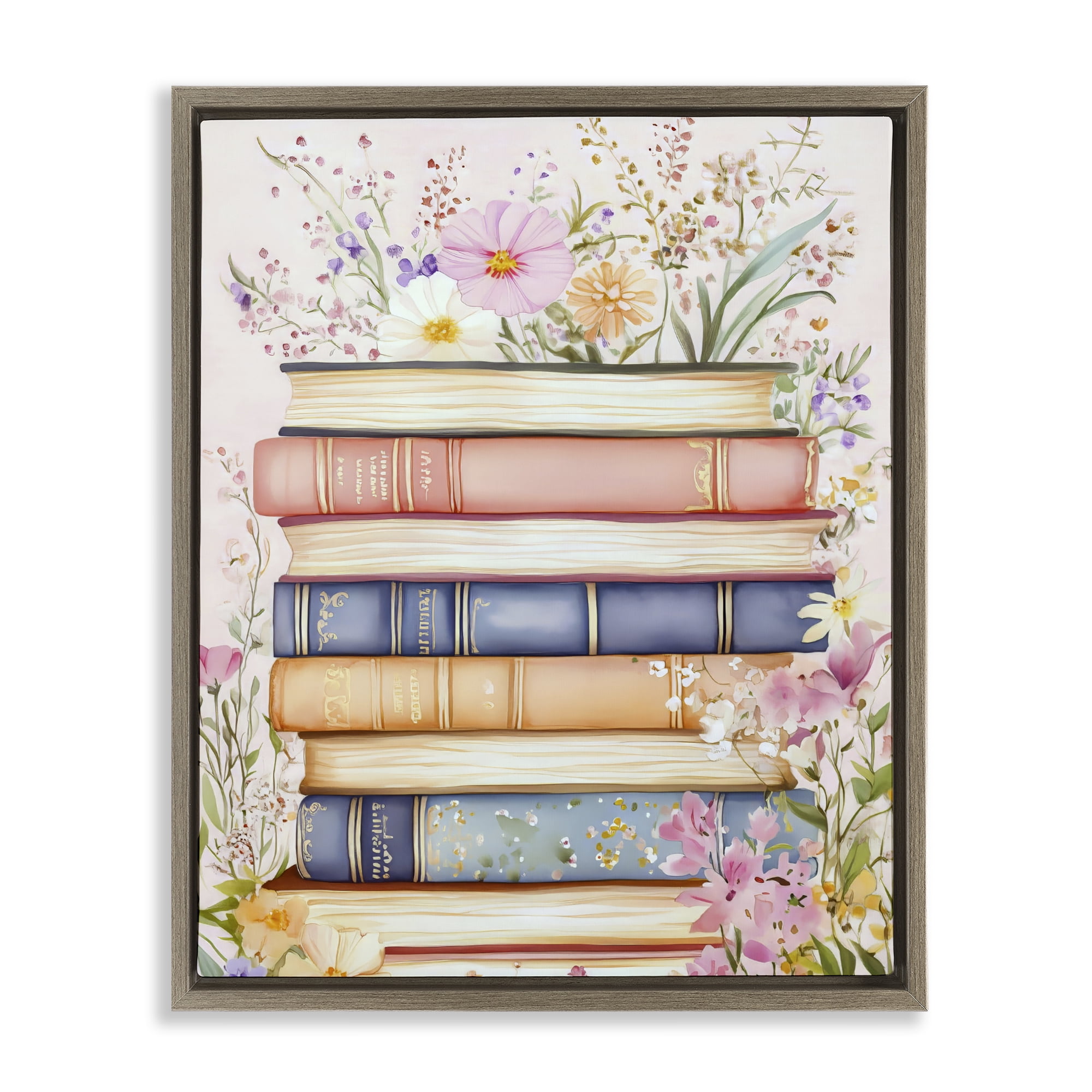Stupell Industries Blooming Bookstack in Pastels Brown Framed Floater Canvas Wall Art, design by LSR Design Studio