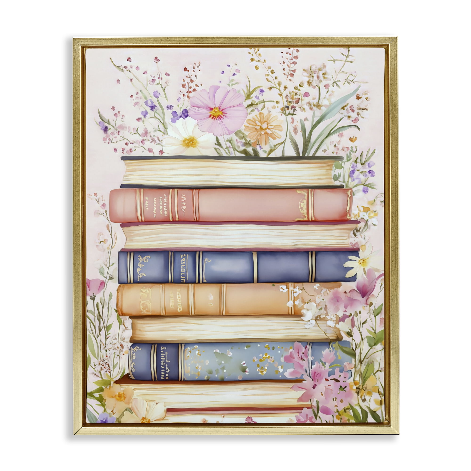 Stupell Industries Blooming Bookstack in Pastels Gold Framed Floater Canvas Wall Art, design by LSR Design Studio