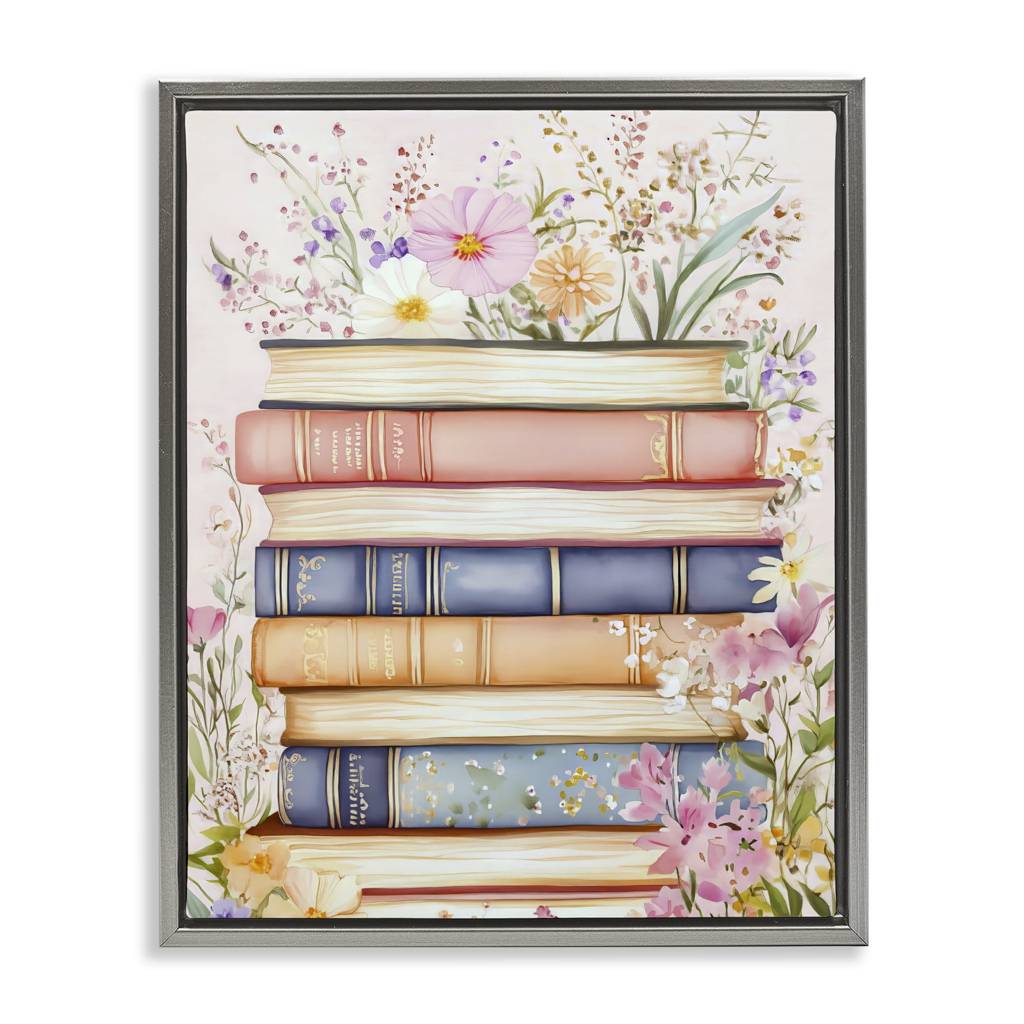 Stupell Industries Blooming Bookstack in Pastels Gray Framed Floater Canvas Wall Art, design by LSR Design Studio