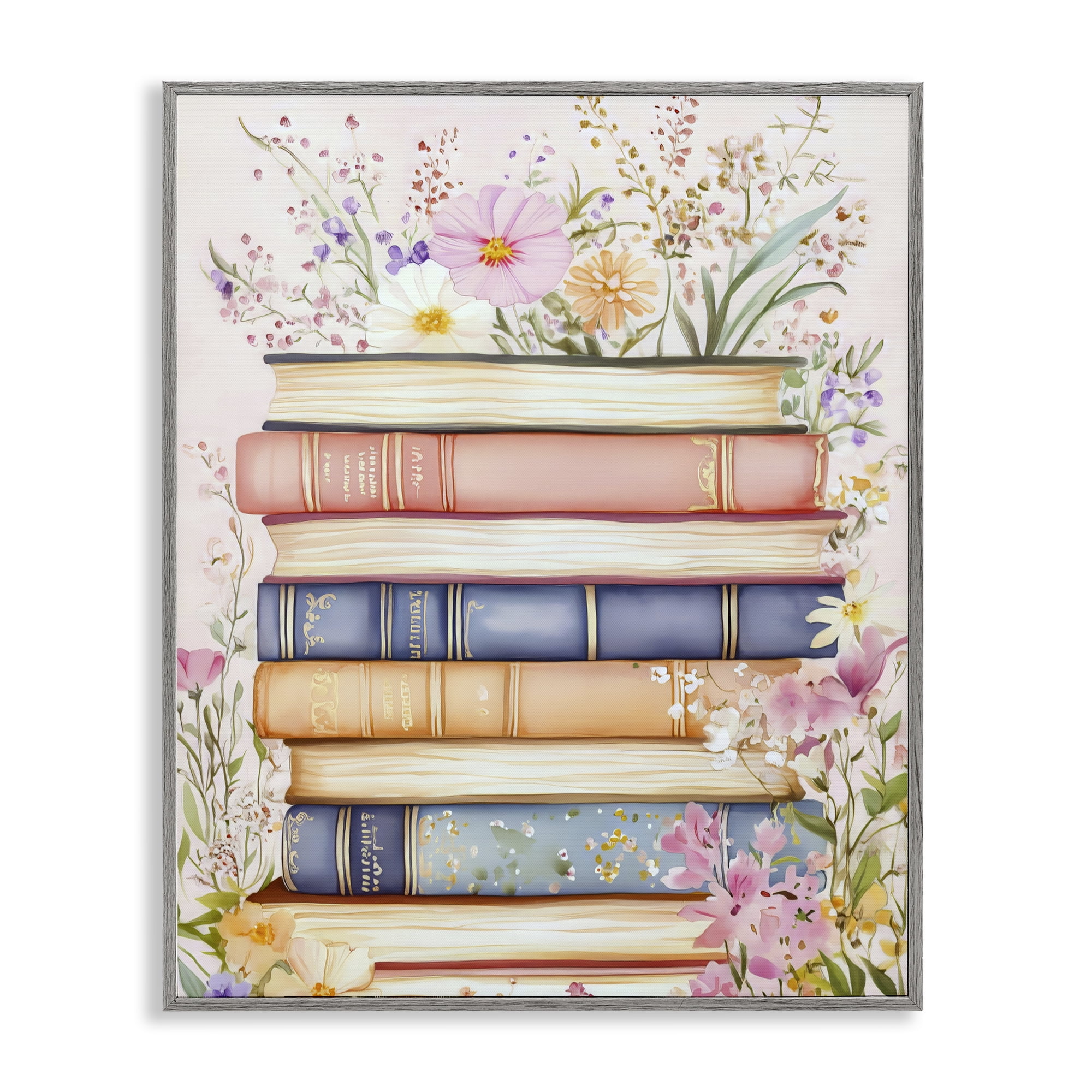 Stupell Industries Blooming Bookstack in Pastels Gray Framed Giclee Art, design by LSR Design Studio