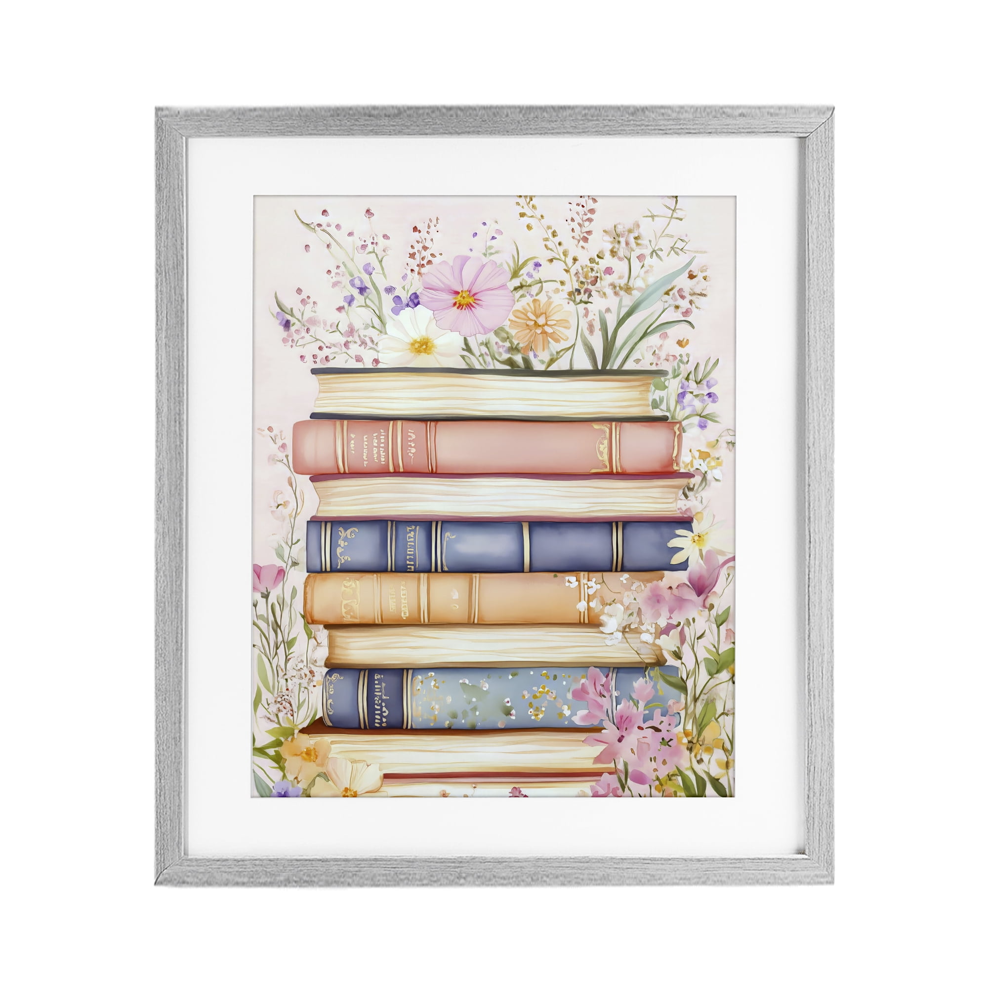 Stupell Industries Blooming Bookstack in Pastels Gray Framed Print Under Glass, design by LSR Design Studio