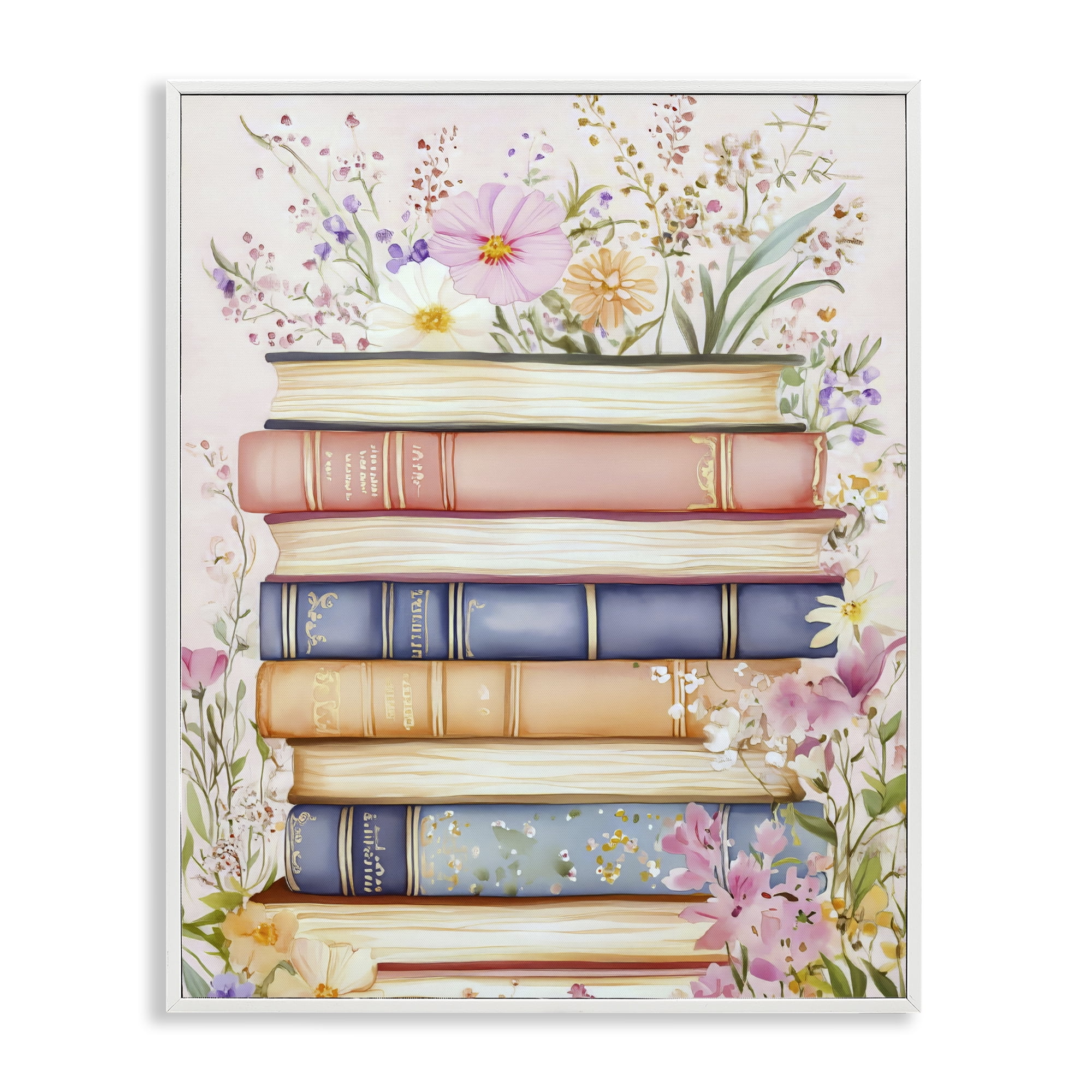 Stupell Industries Blooming Bookstack in Pastels White Framed Giclee Art, design by LSR Design Studio
