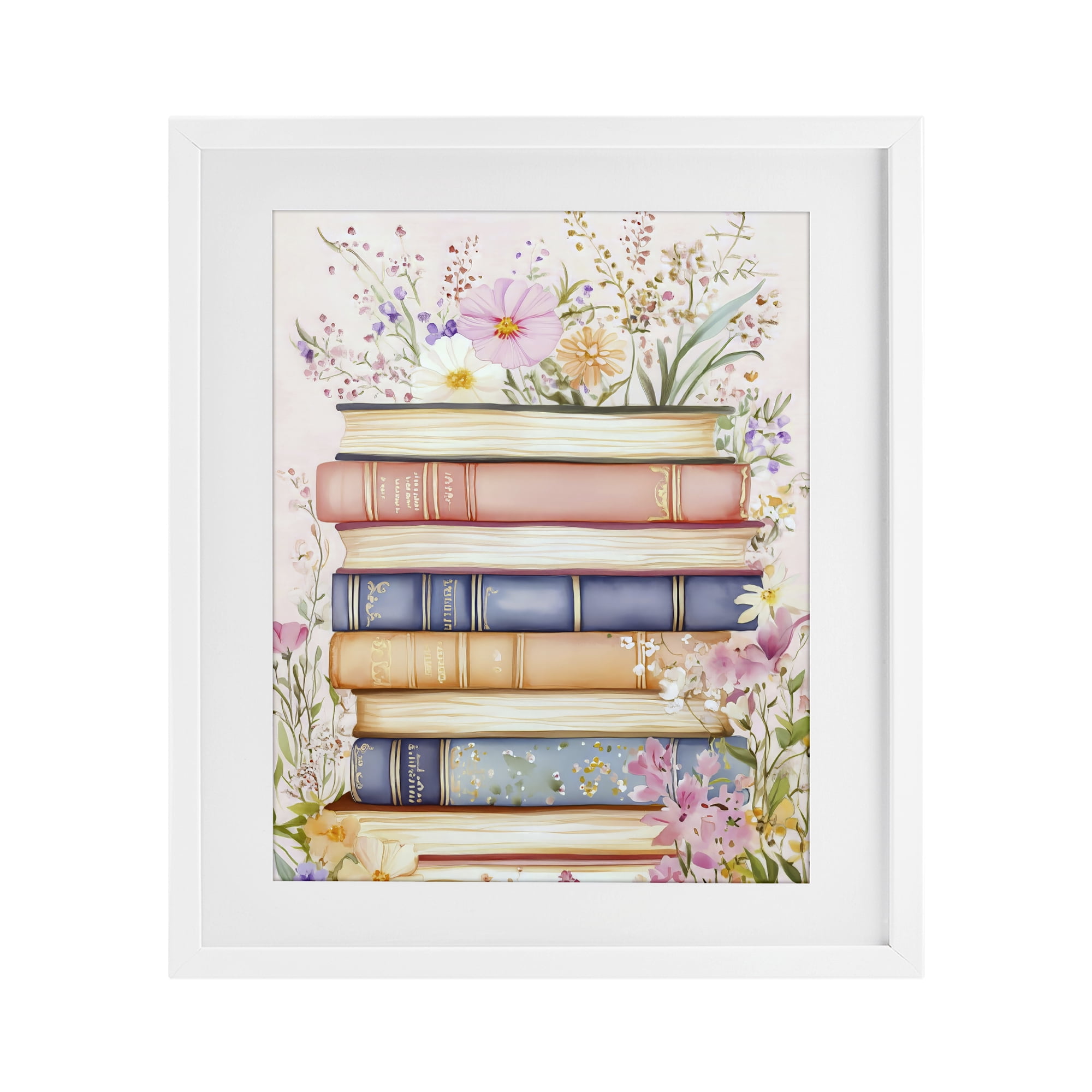 Stupell Industries Blooming Bookstack in Pastels White Framed Print Under Glass, design by LSR Design Studio