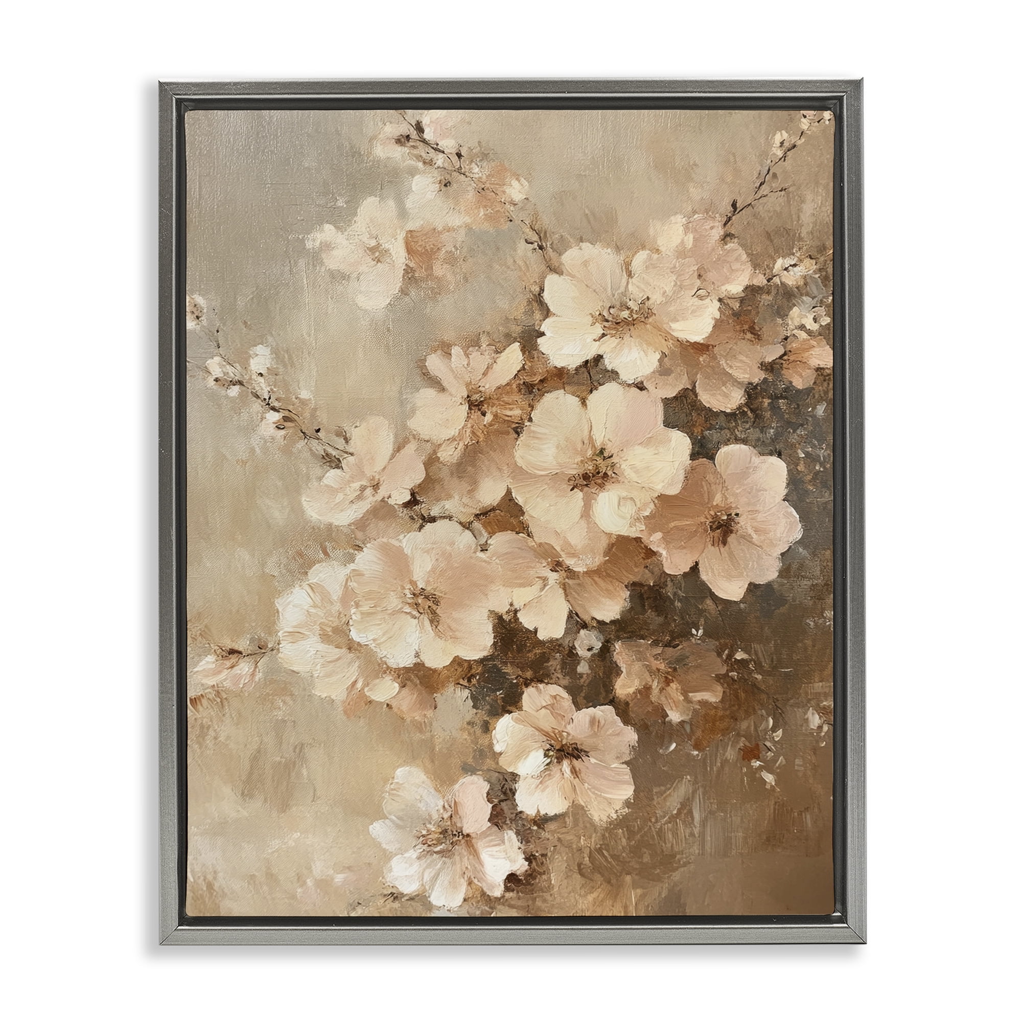 Stupell Industries Blooming Cherry Blossoms Plants & Flowers Painting Gray Floater Framed Canvas Art Print Wall Art, 25 x 31
