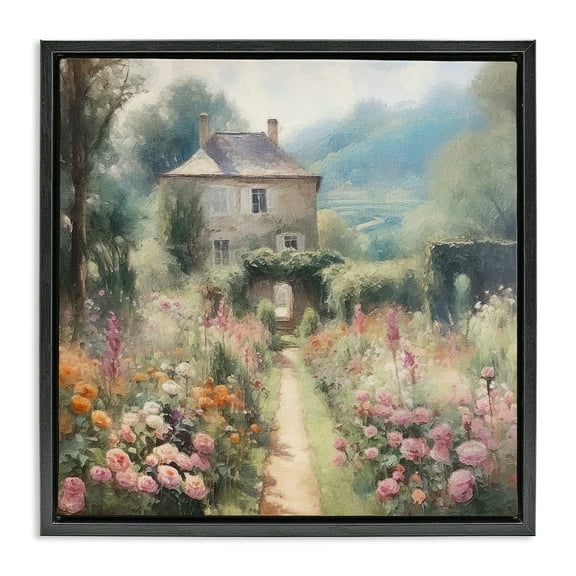 Stupell Industries Blooming Cottage Path Landscape Painting Black Floater Framed Canvas Art Print Wall Art, 18 x 18