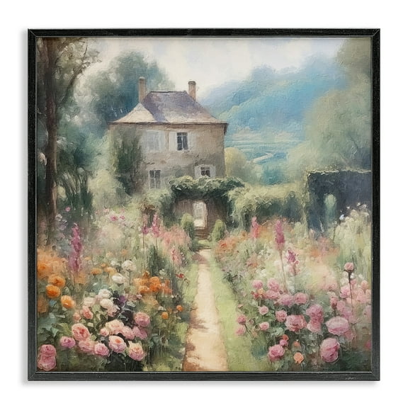 Stupell Industries Blooming Cottage Path Landscape Painting Black Framed Art Print Wall Art, 12 x 12