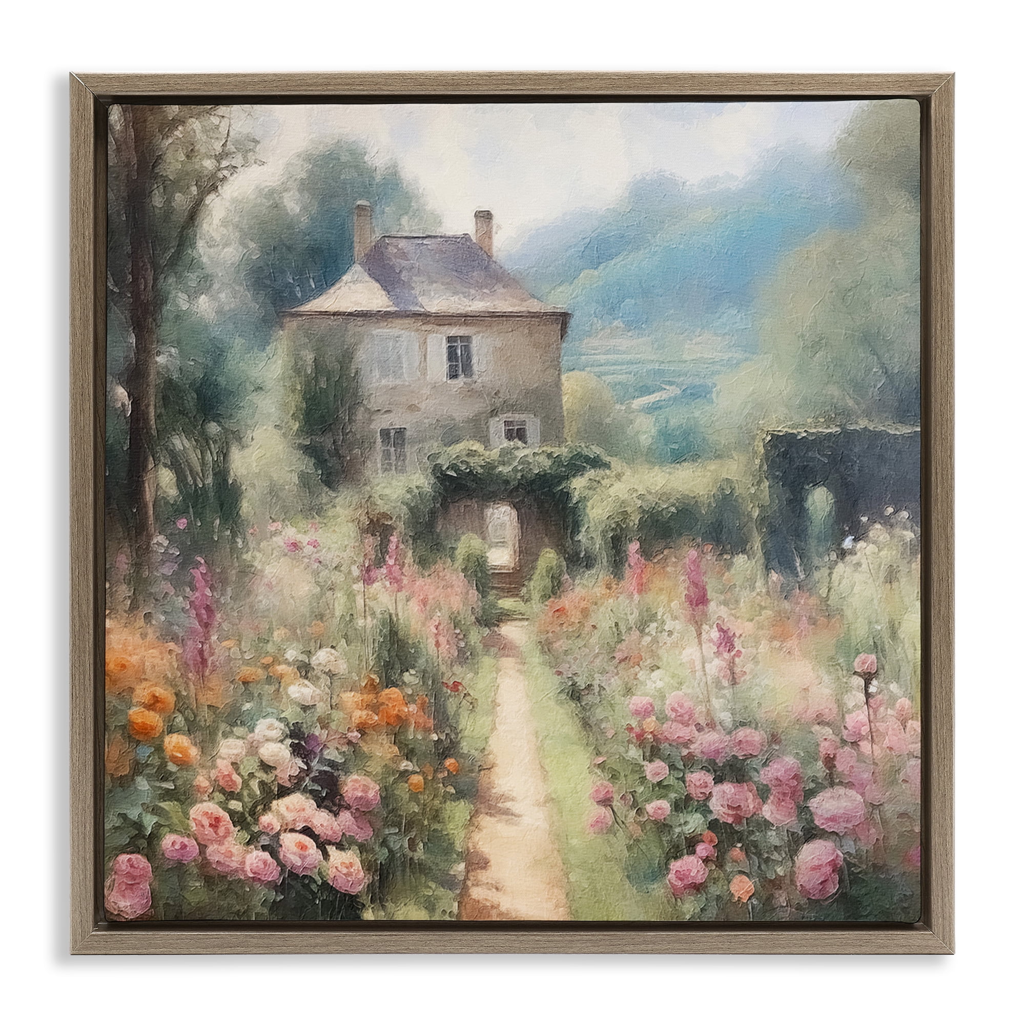 Stupell Industries Blooming Cottage Path Landscape Painting Brown Floater Framed Canvas Art Print Wall Art, 25 x 25