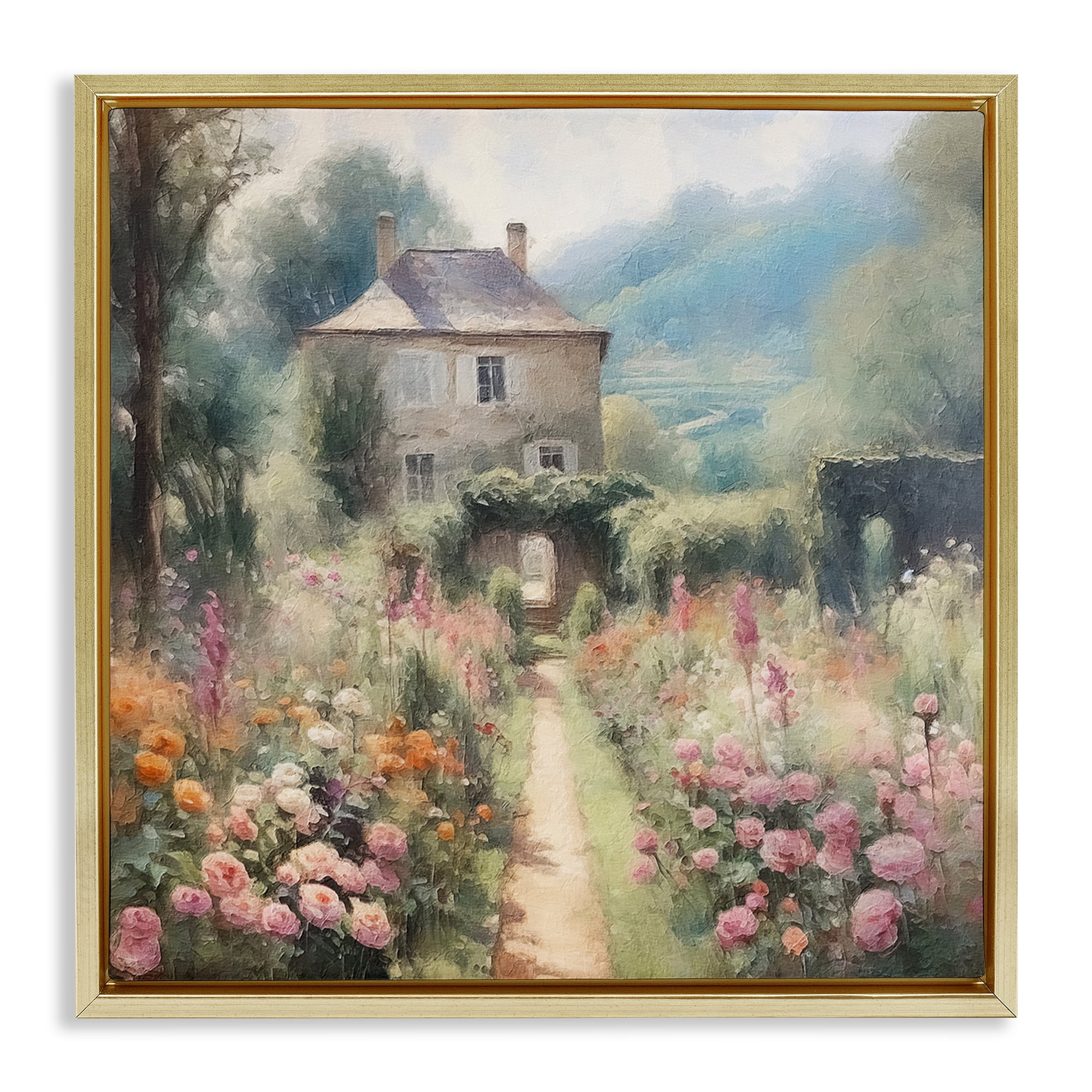 Stupell Industries Blooming Cottage Path Landscape Painting Gold Floater Framed Canvas Art Print Wall Art, 25 x 25