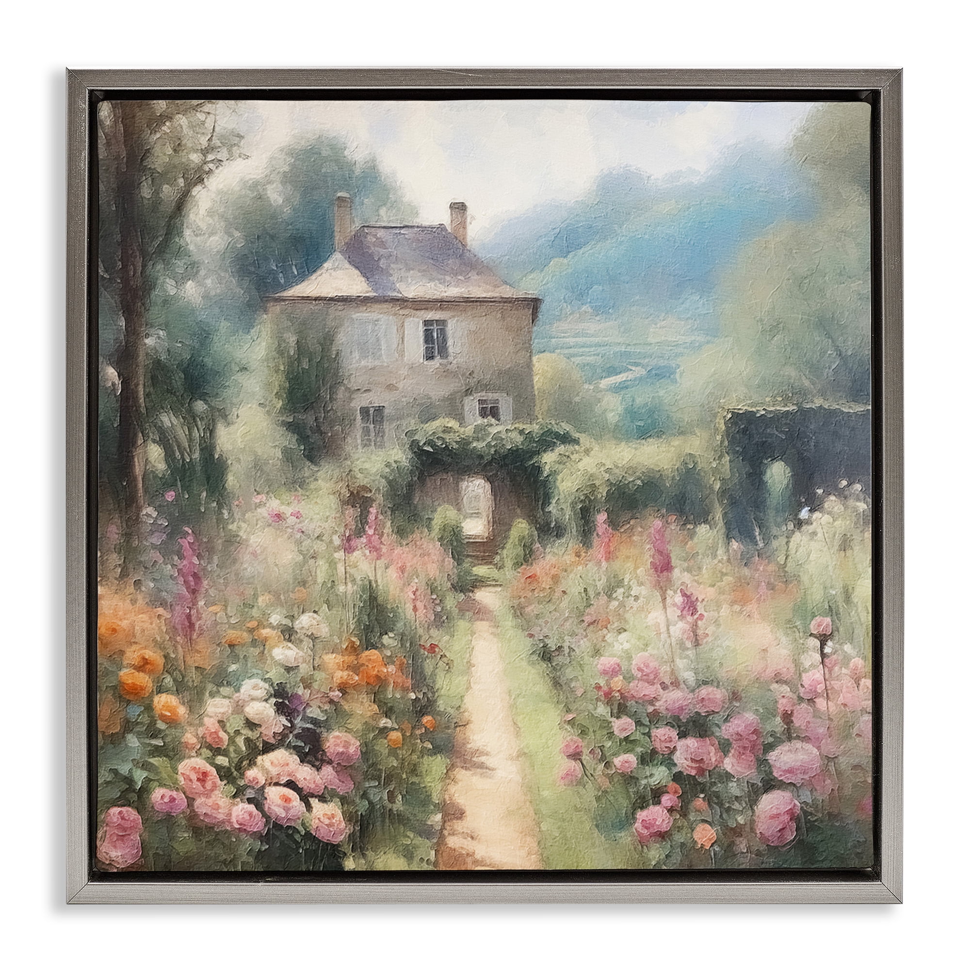 Stupell Industries Blooming Cottage Path Landscape Painting Gray Floater Framed Canvas Art Print Wall Art, 25 x 25