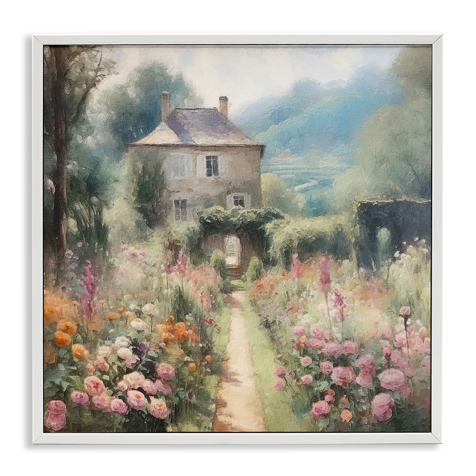 Stupell Industries Blooming Cottage Path Landscape Painting White Framed Art Print Wall Art, 17 x 17