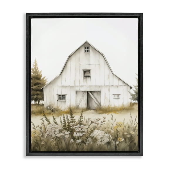 Stupell Industries Blooming Country Barn Garden Buildings & Architecture Painting Black Floater Framed Canvas Art Print Wall Art, 17 x 21