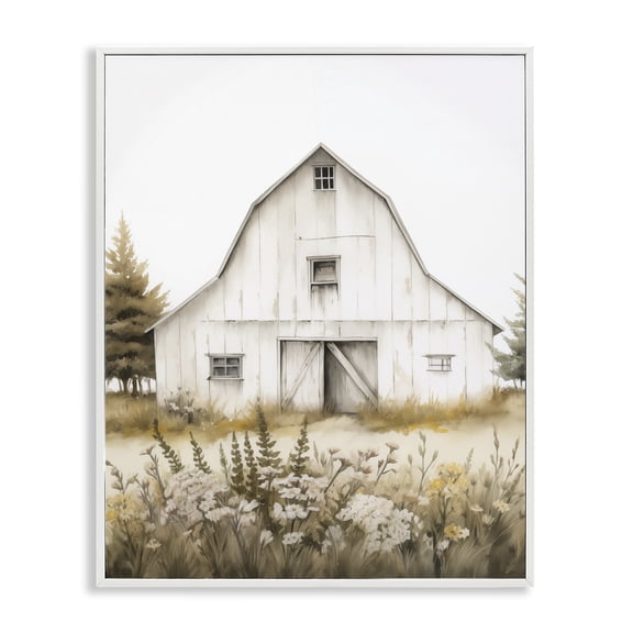 Stupell Industries Blooming Country Barn Garden Buildings & Architecture Painting White Framed Art Print Wall Art, 24 x 30