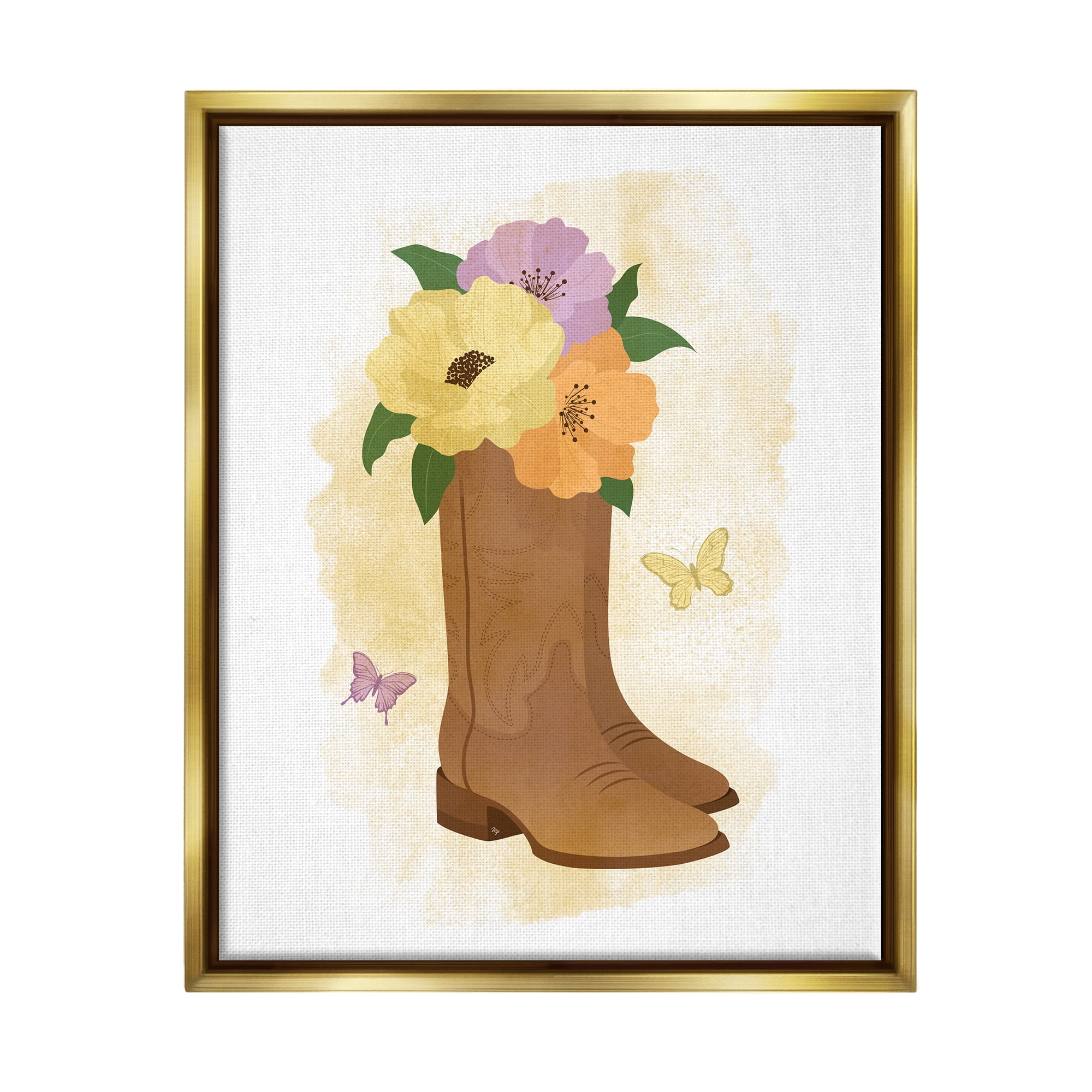 Stupell Industries Blooming Country Boots Botanical & Floral Painting Gold Floater Framed Canvas Art Print Wall Art, 17 x 21