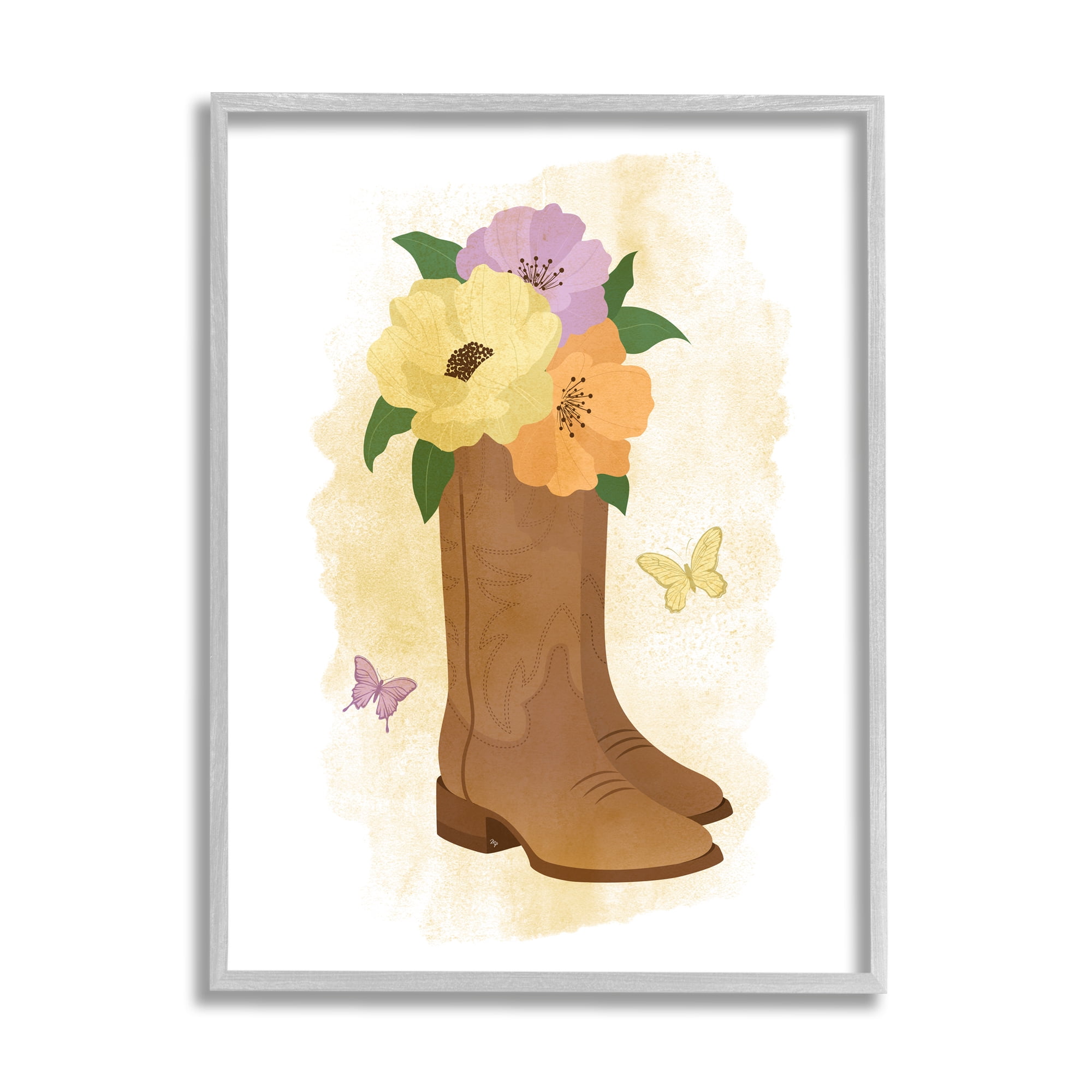 Stupell Industries Blooming Country Boots Botanical & Floral Painting Gray Framed Art Print Wall Art, 24 x 30