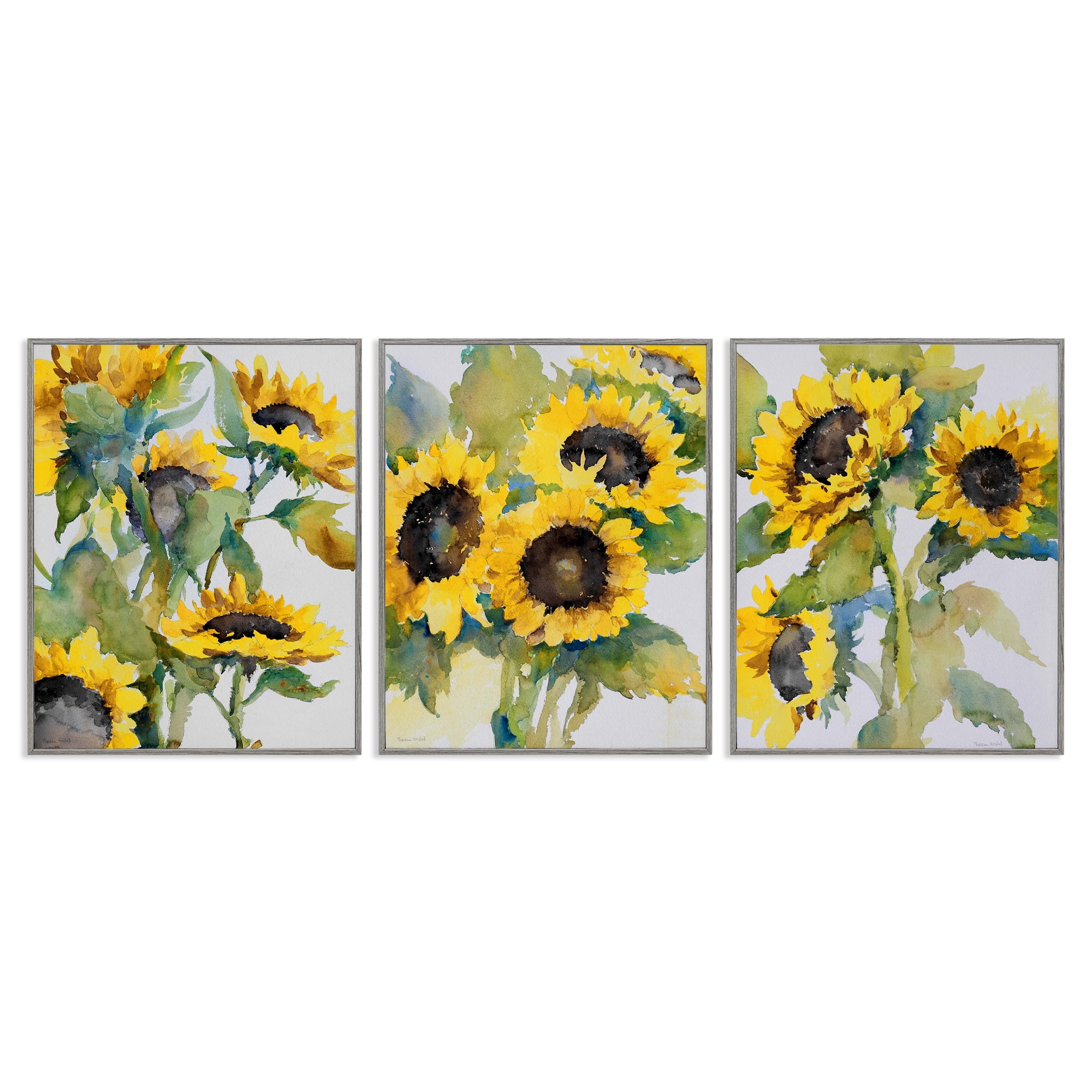Stupell Industries Blooming Country Sunflowers Plants & Flowers Painting Gray Framed Art Print Wall Art, 16 x 20, Set of 3