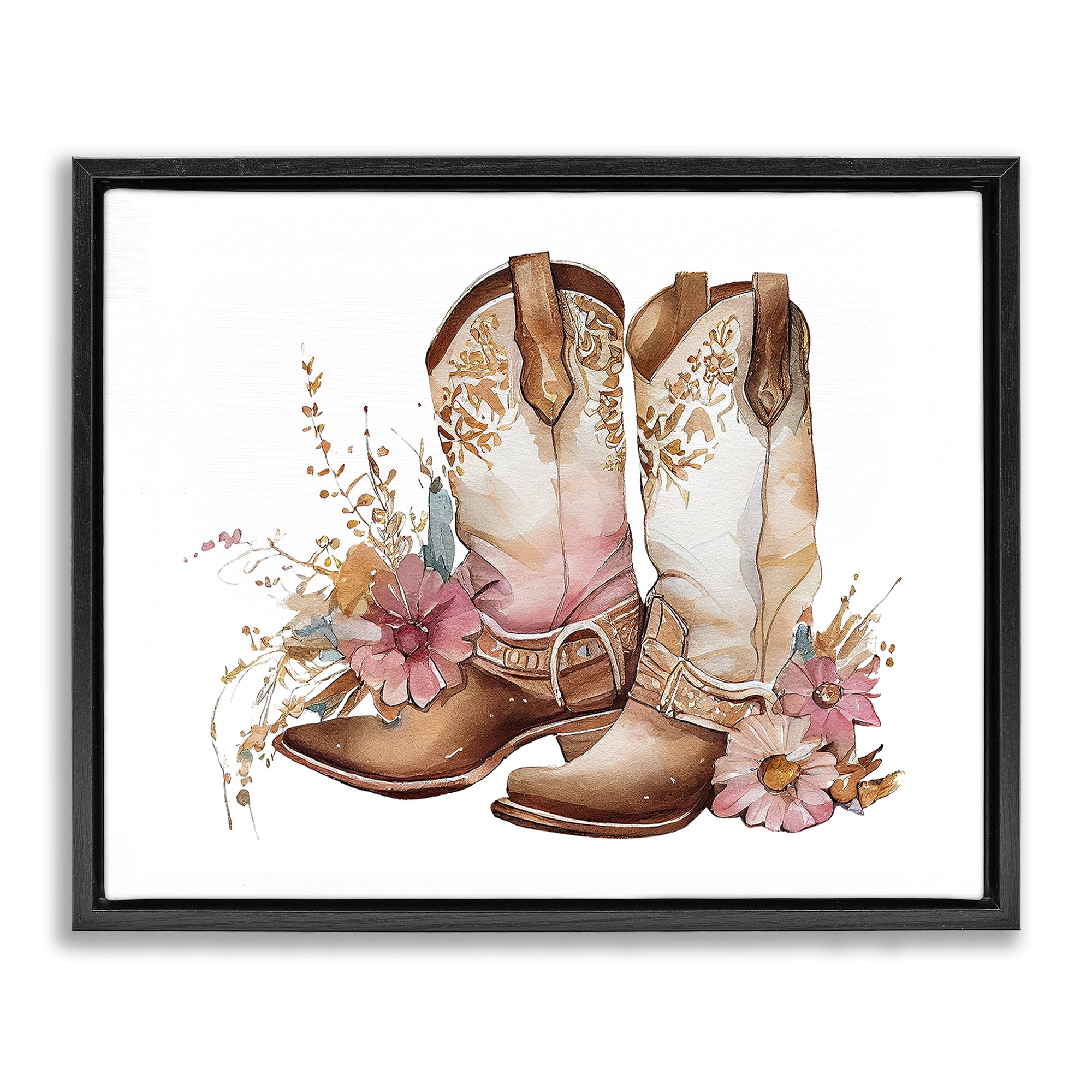 Stupell Industries Blooming Cowboy Boots Plants & Flowers Painting Black Floater Framed Canvas Art Print Wall Art, 31 x 25