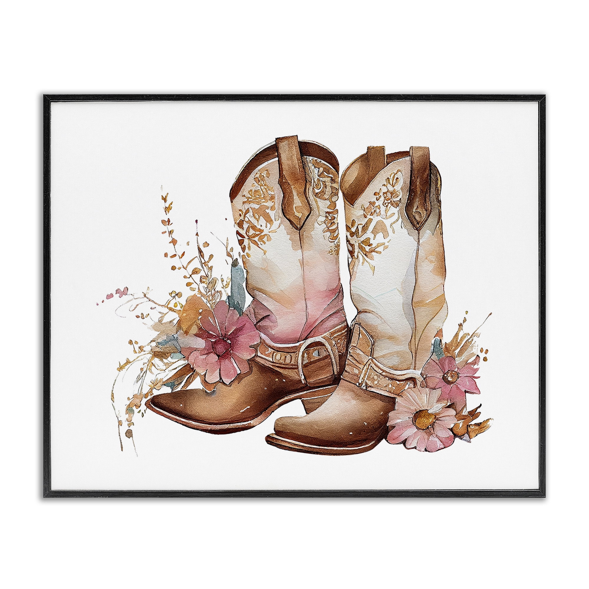 Stupell Industries Blooming Cowboy Boots Plants & Flowers Painting Black Framed Art Print Wall Art, 14 x 11