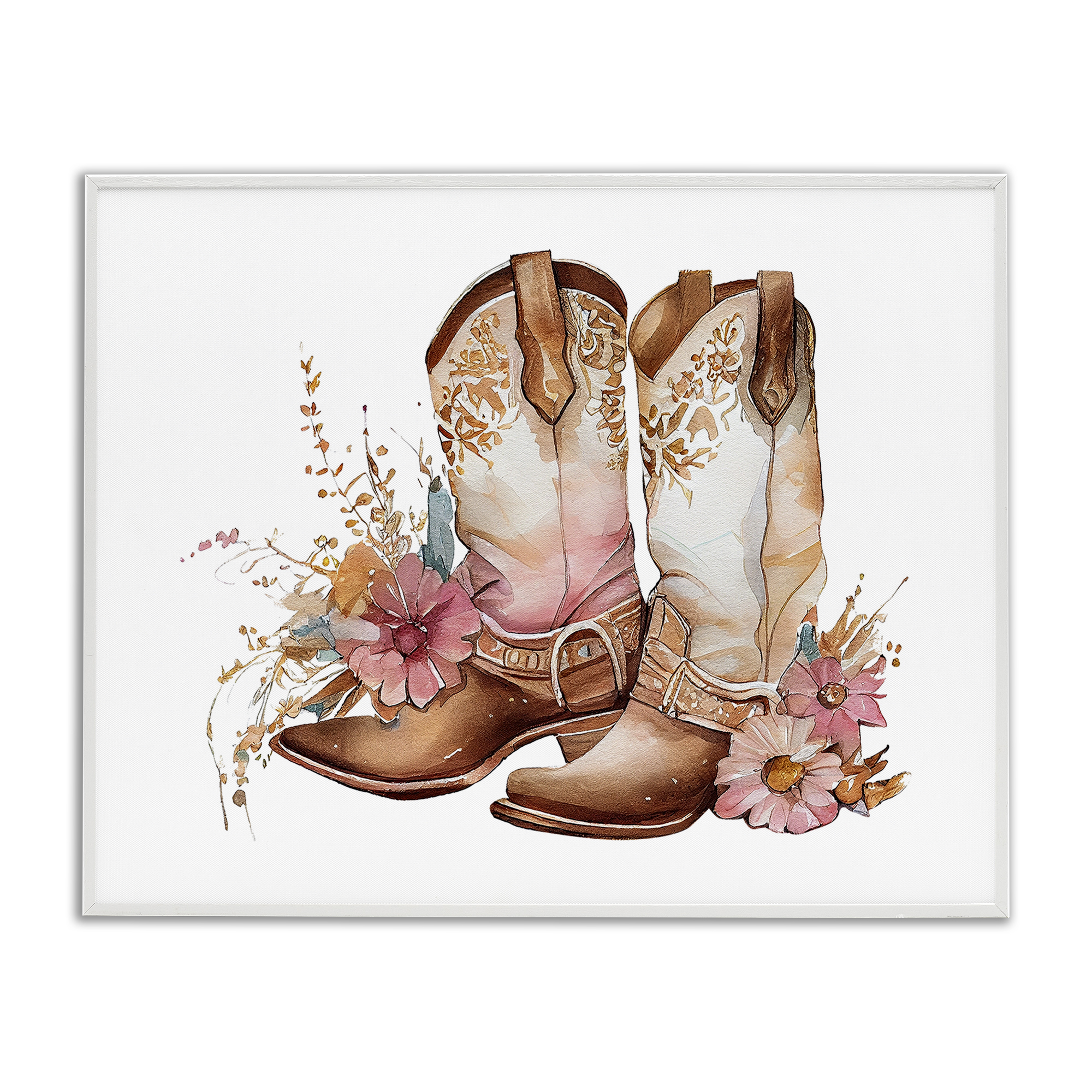 Stupell Industries Blooming Cowboy Boots Plants & Flowers Painting White Framed Art Print Wall Art, 30 x 24