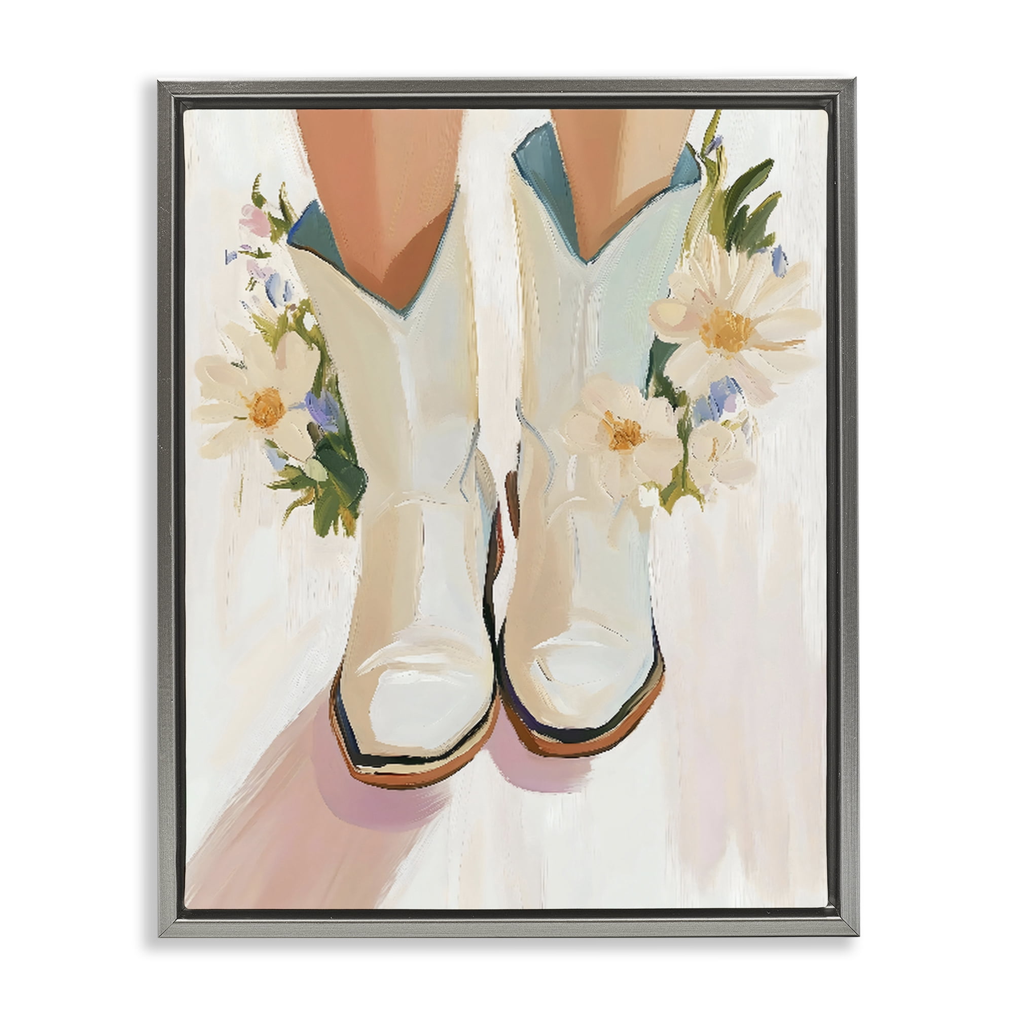 Stupell Industries Blooming Cowgirl Boots Gray Framed Floater Canvas Wall Art, design by The Prints Vibe