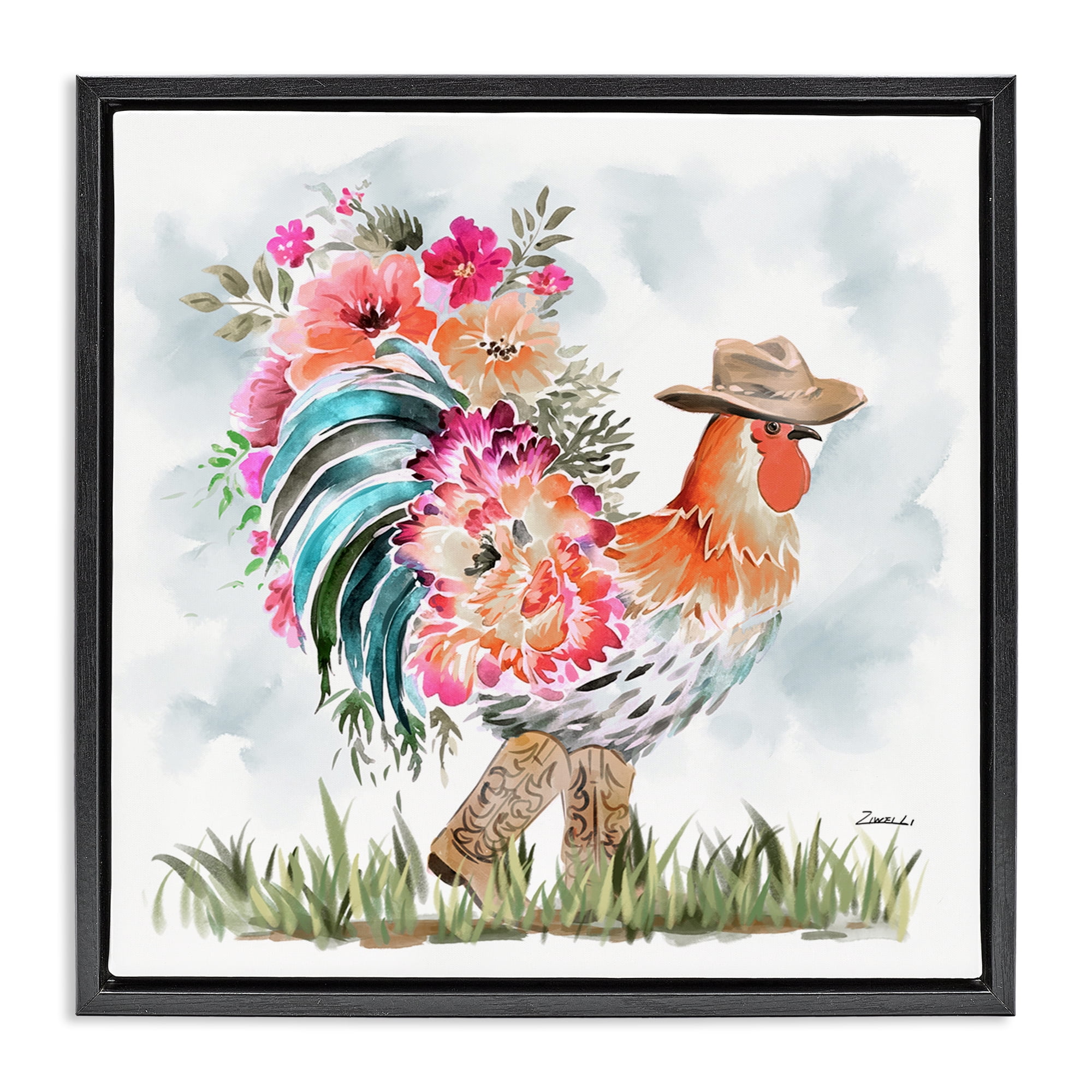 Stupell Industries Blooming Cowgirl Hen Animals & Insects Painting Black Floater Framed Canvas Art Print Wall Art, 18 x 18