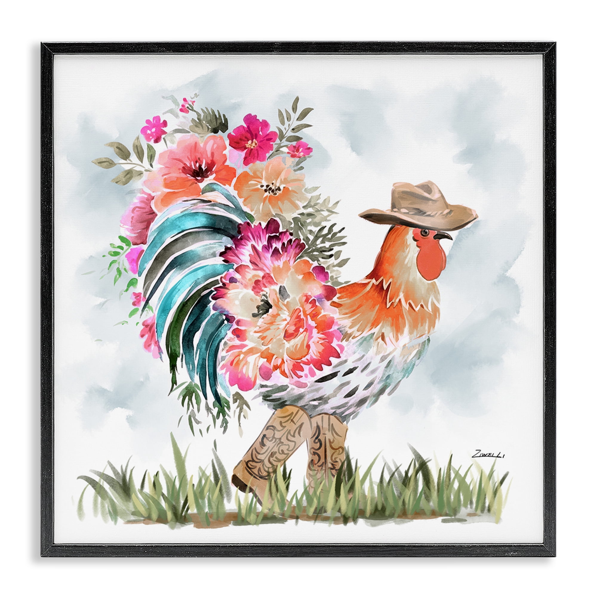 Stupell Industries Blooming Cowgirl Hen Animals & Insects Painting Black Framed Art Print Wall Art, 17 x 17