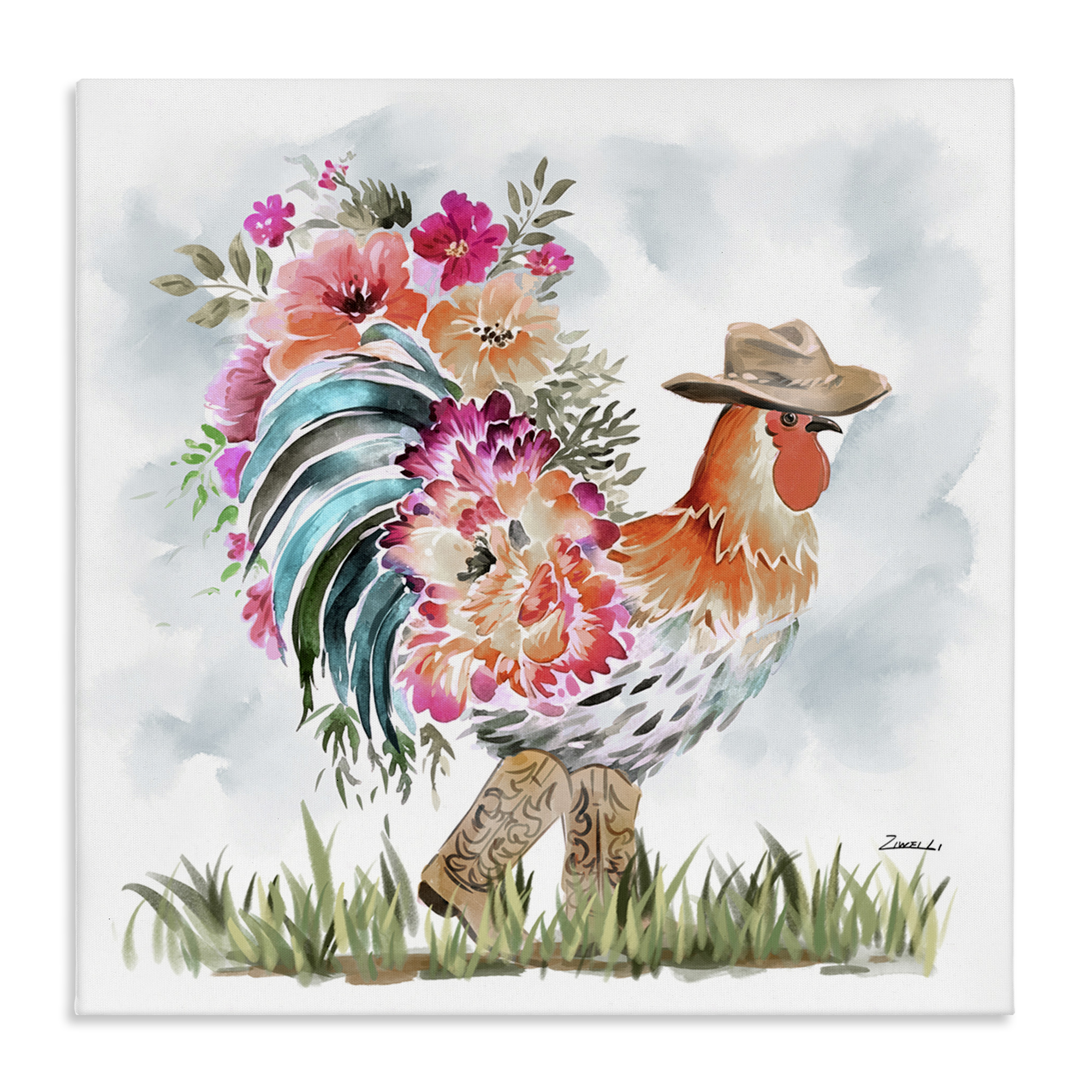 Stupell Industries Blooming Cowgirl Hen Animals & Insects Painting Gallery Wrapped Canvas Art Print Wall Art, 24 x 24