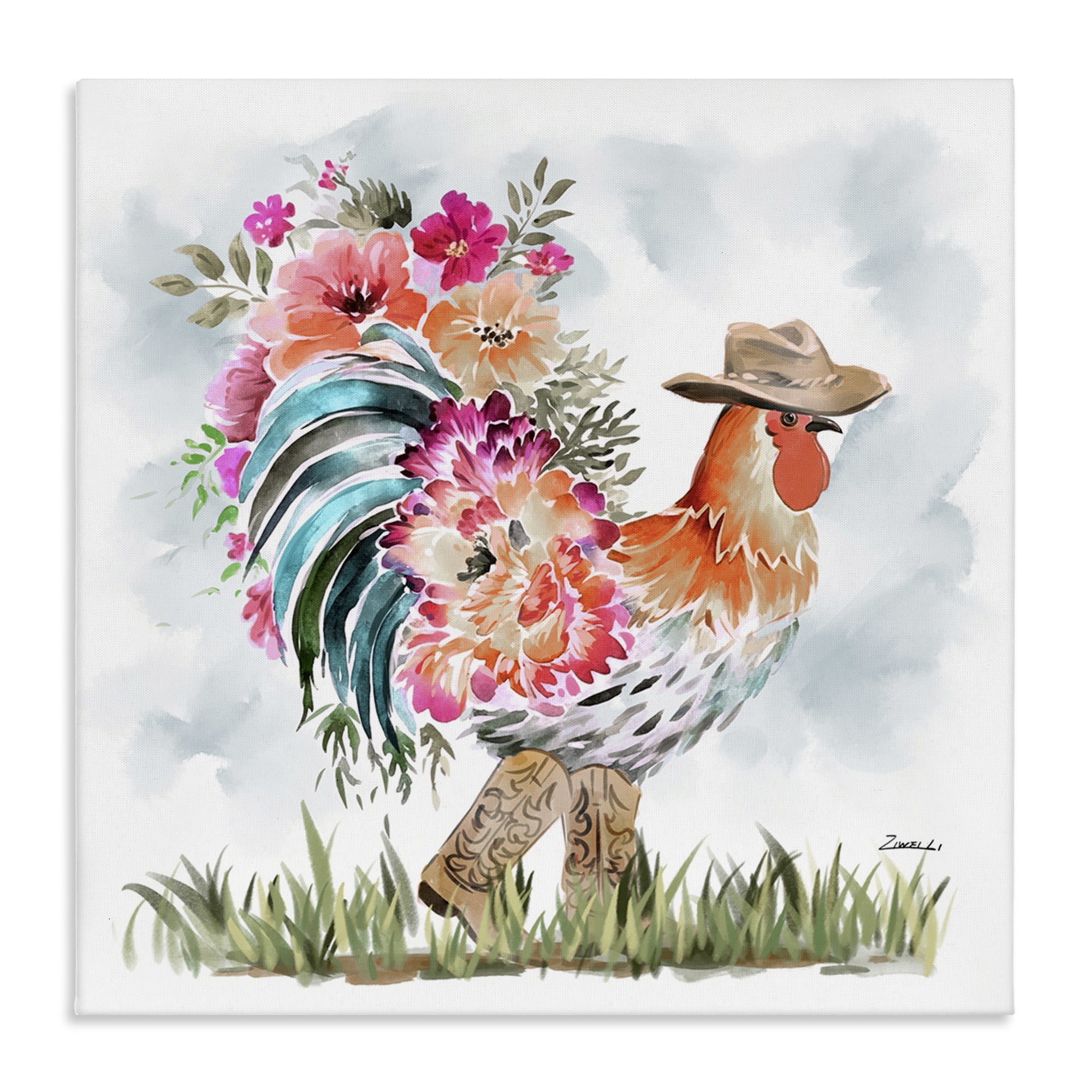 Stupell Industries Blooming Cowgirl Hen Animals & Insects Painting Gallery Wrapped Canvas Art Print Wall Art, 30 x 30