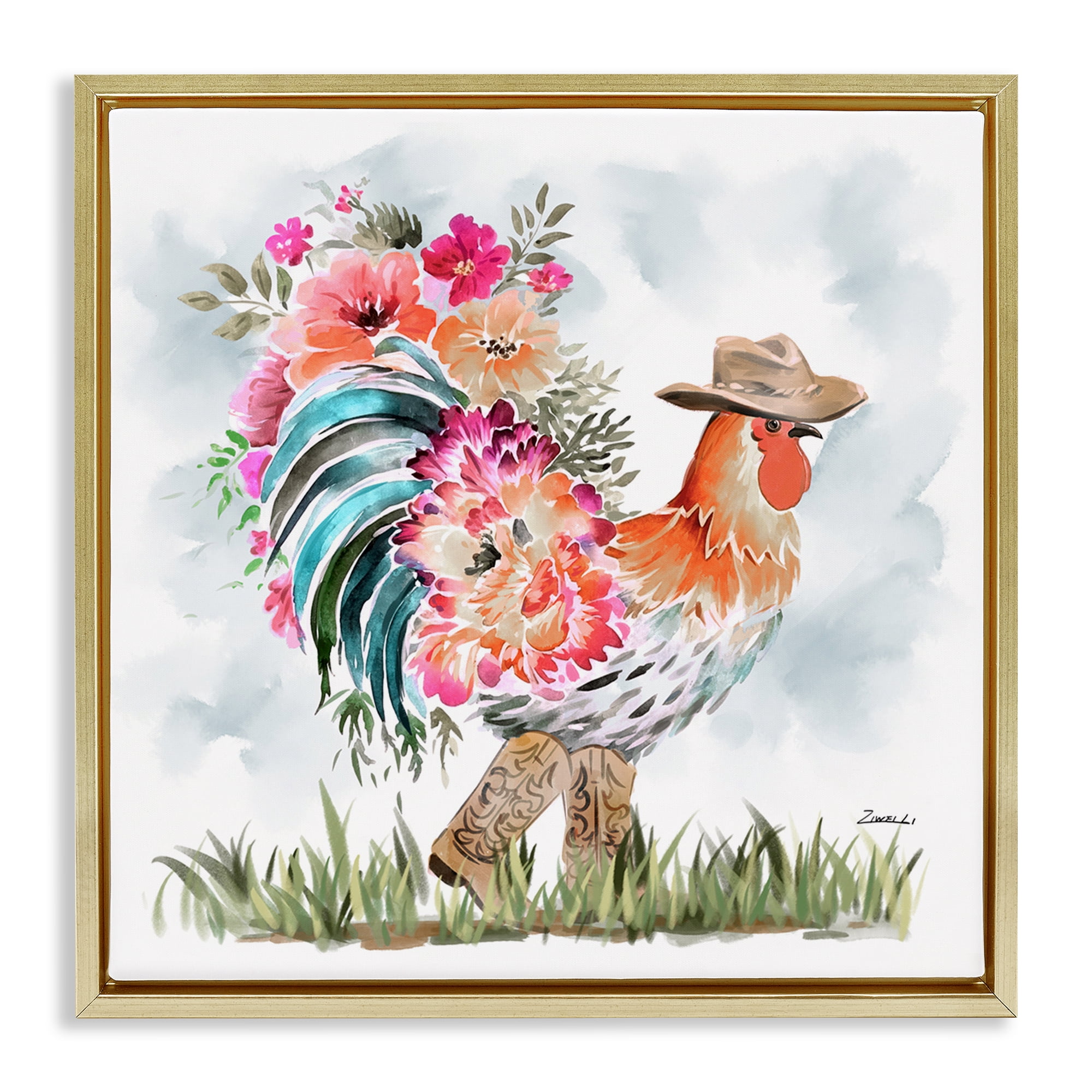 Stupell Industries Blooming Cowgirl Hen Animals & Insects Painting Gold Floater Framed Canvas Art Print Wall Art, 25 x 25