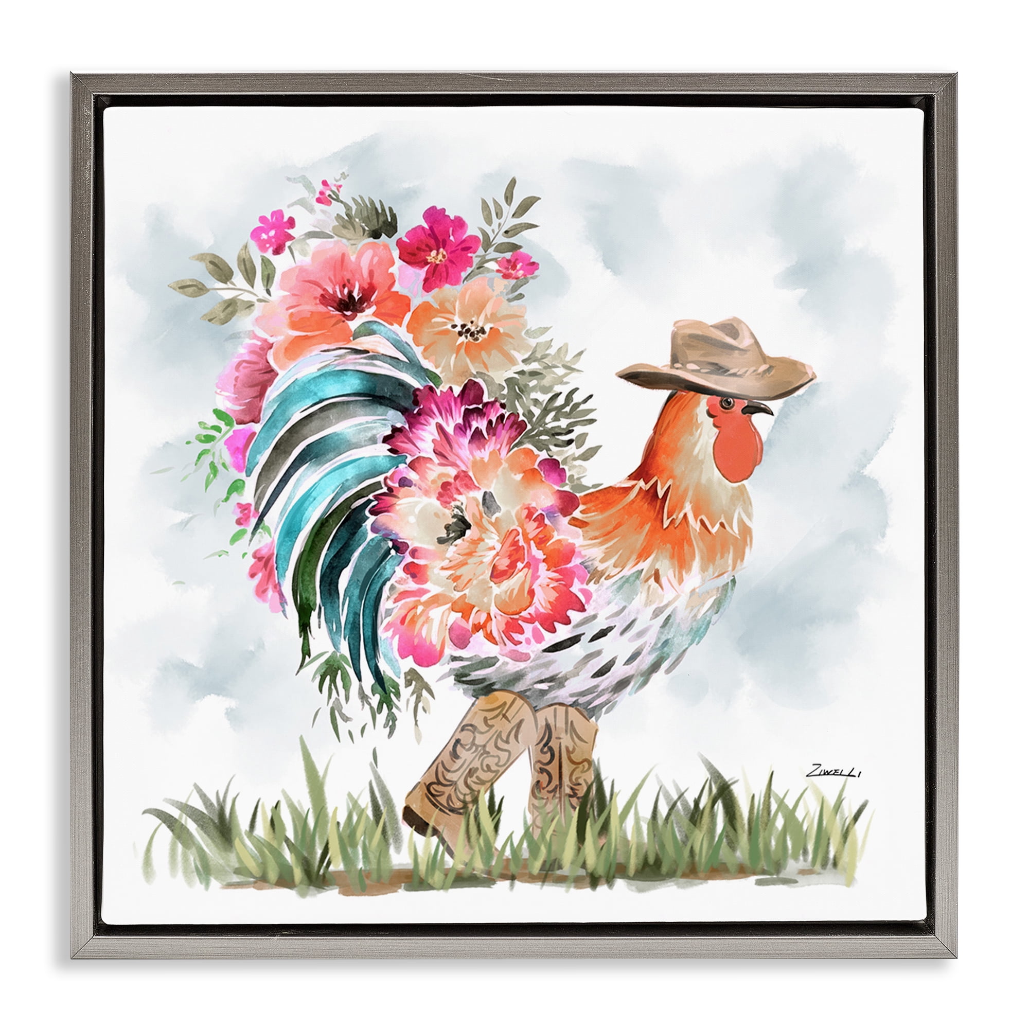 Stupell Industries Blooming Cowgirl Hen Animals & Insects Painting Gray Floater Framed Canvas Art Print Wall Art, 25 x 25