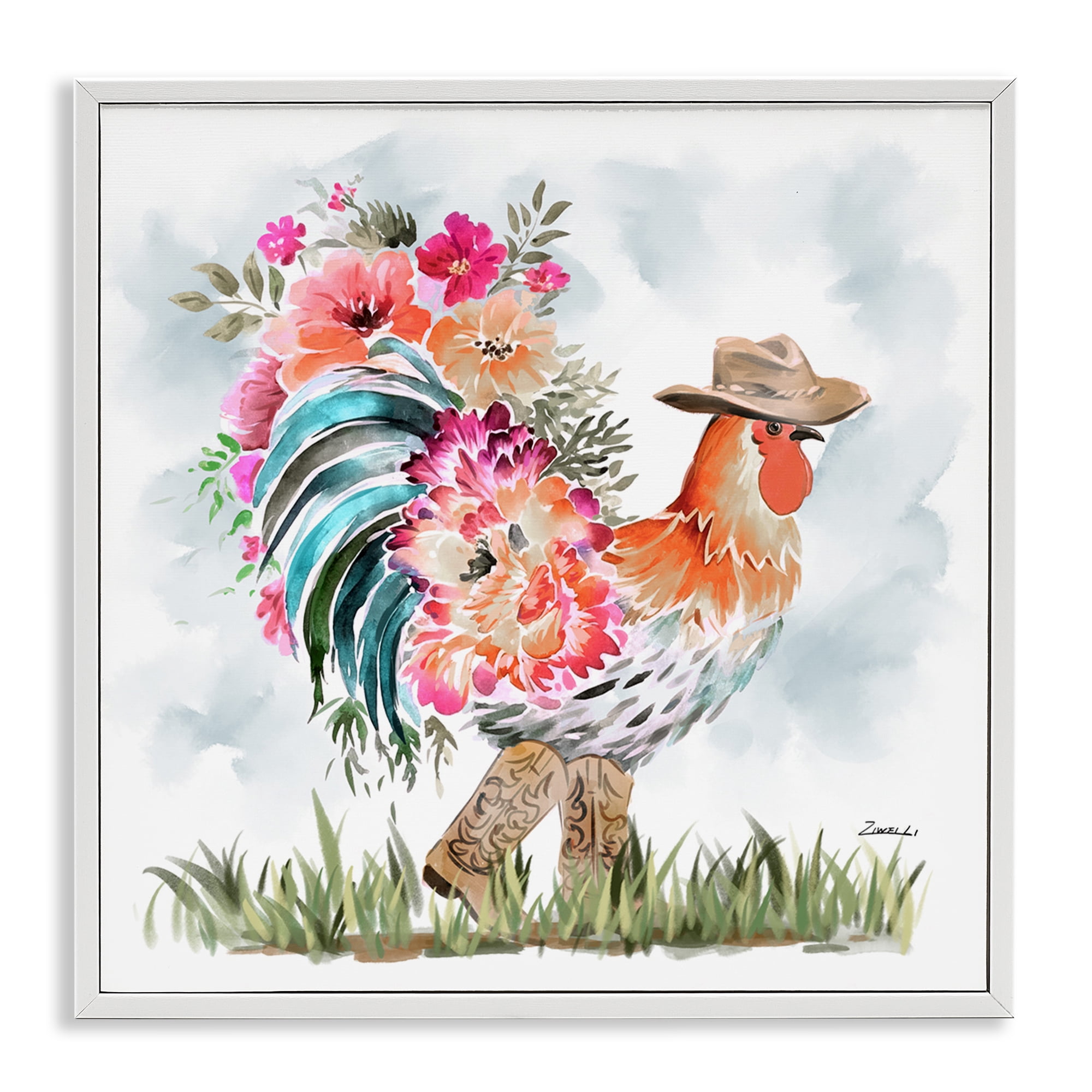 Stupell Industries Blooming Cowgirl Hen Animals & Insects Painting White Framed Art Print Wall Art, 12 x 12