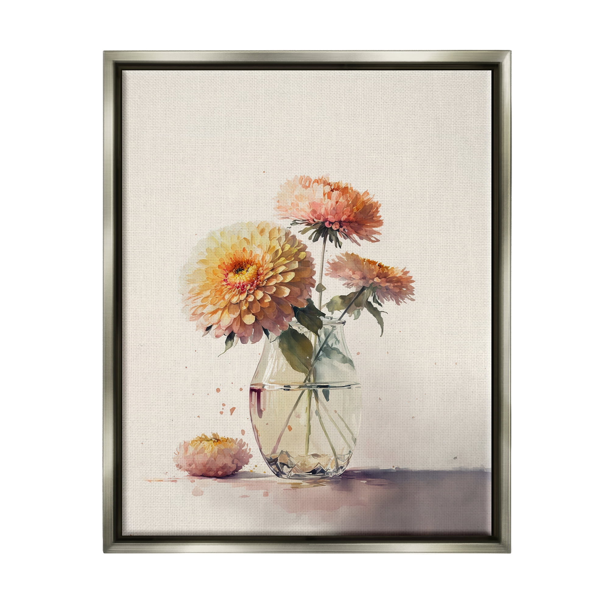 Blooming Dahlias Botanical Painting on Gray Framed Canvas, 25 x 31