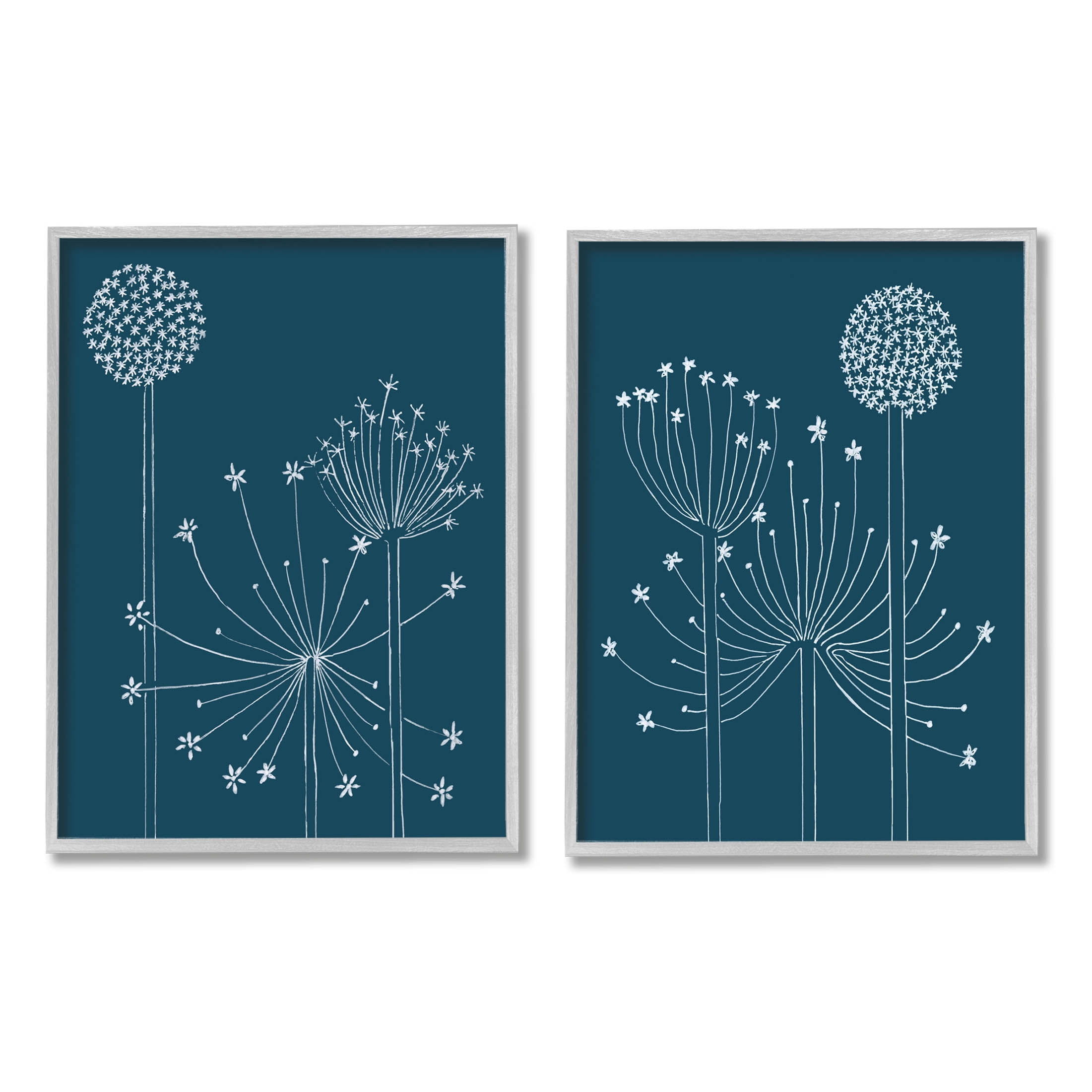 Stupell Industries Blooming Dandelions Line Drawing Graphic Art Gray Framed Art Print Wall Art, Set of 2, Design by Alicia Longley