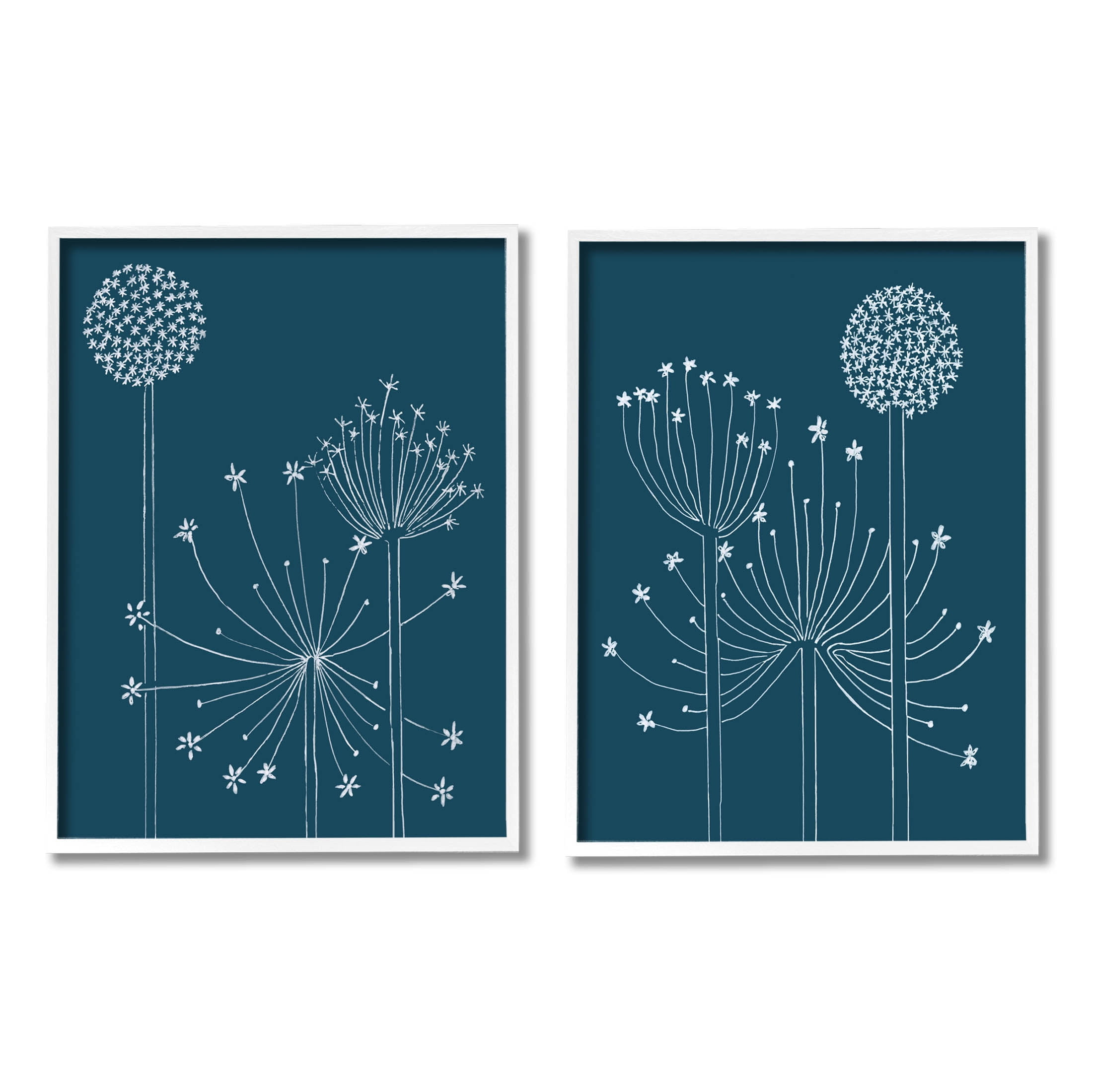 Stupell Industries Blooming Dandelions Line Drawing Graphic Art White Framed Art Print Wall Art, Set of 2, Design by Alicia Longley