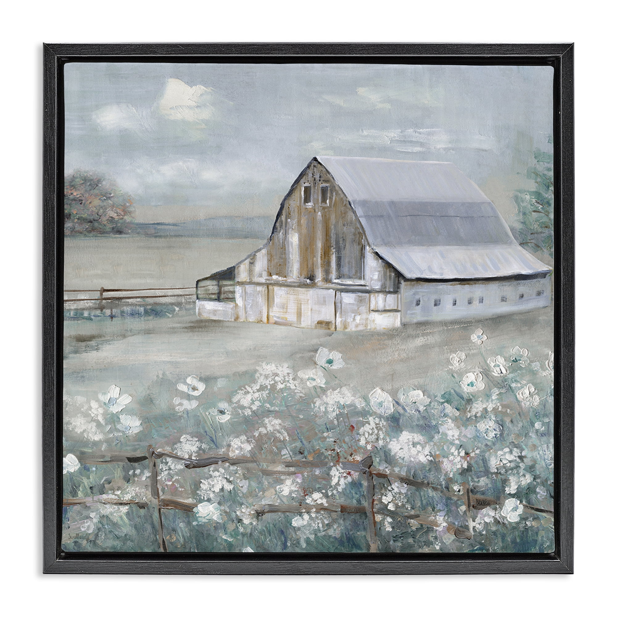 Stupell Industries Blooming Farmhouse Meadow Landscape & Nature Painting Black Floater Framed Canvas Art Print Wall Art, 18 x 18