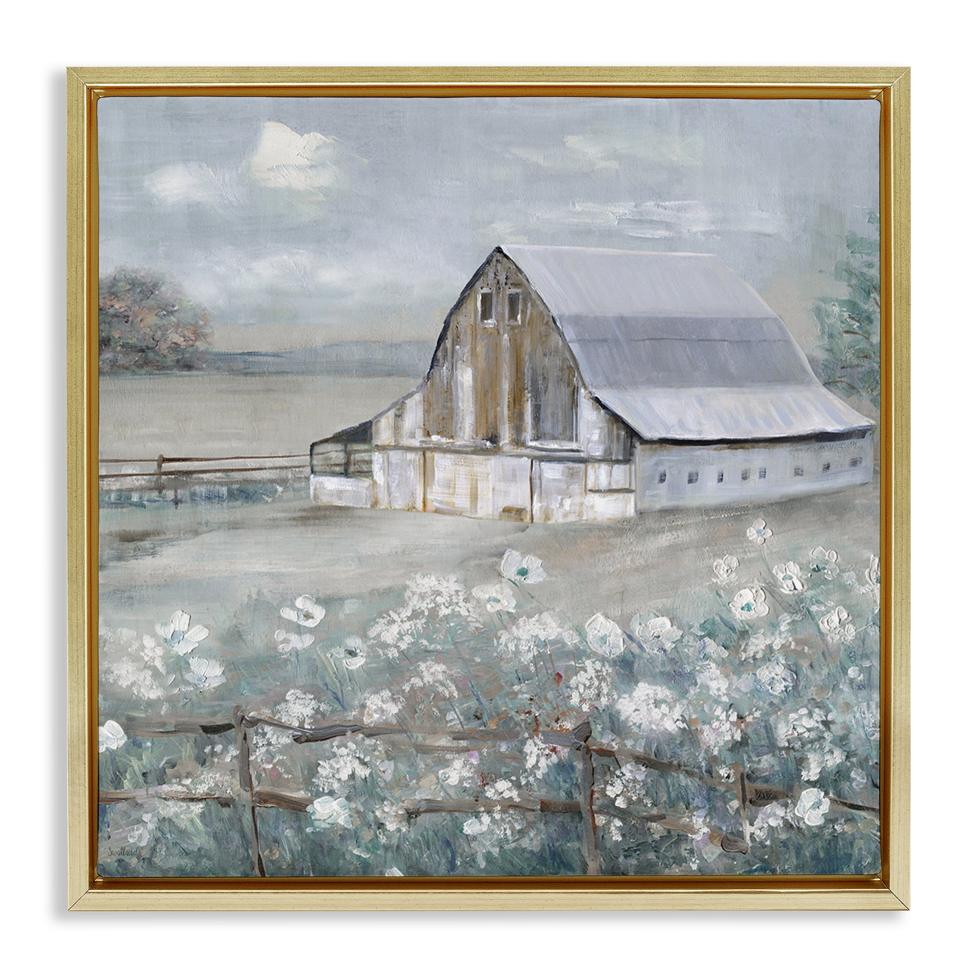 Stupell Industries Blooming Farmhouse Meadow Landscape & Nature Painting Gold Floater Framed Canvas Art Print Wall Art, 25 x 25