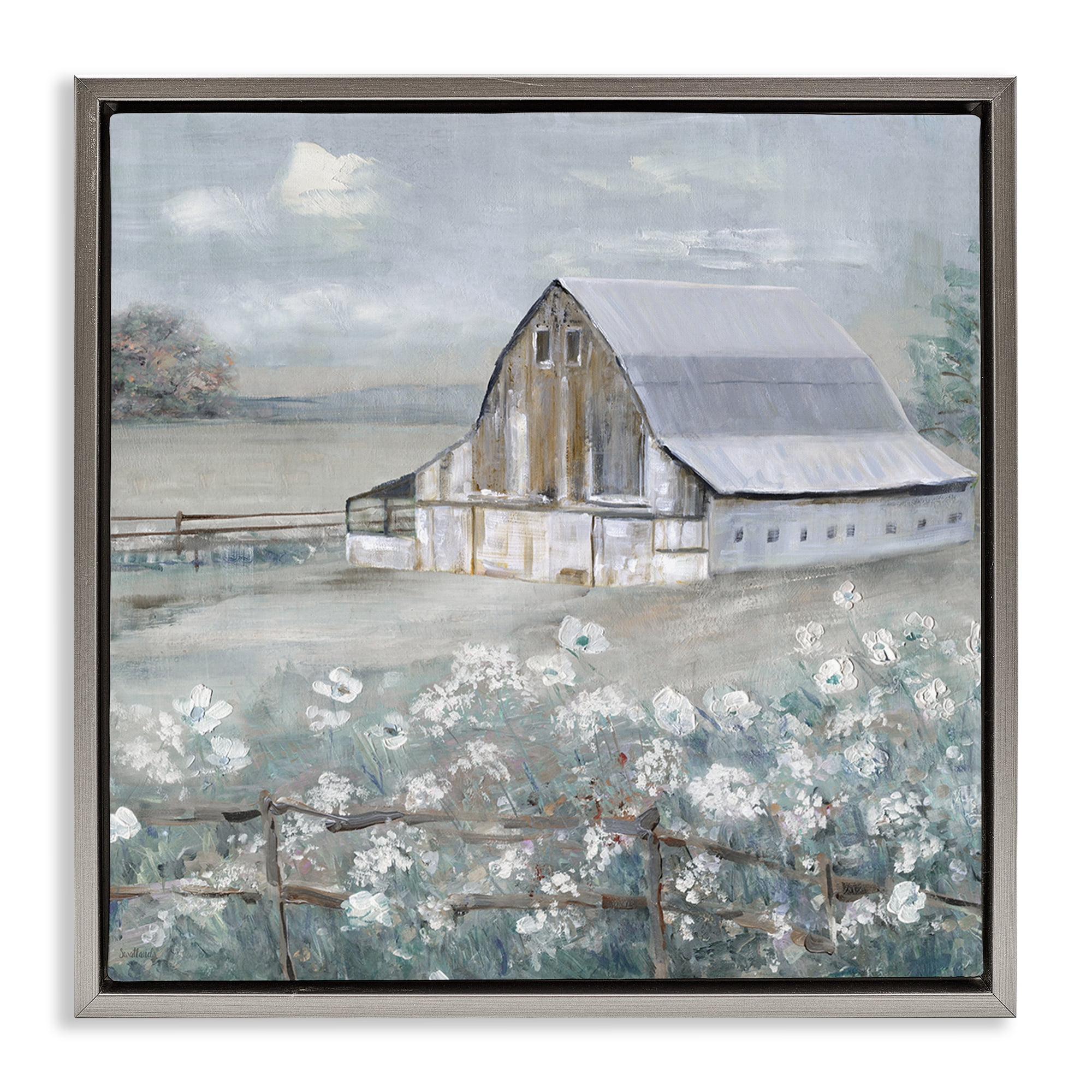 Stupell Industries Blooming Farmhouse Meadow Landscape & Nature Painting Gray Floater Framed Canvas Art Print Wall Art, 18 x 18