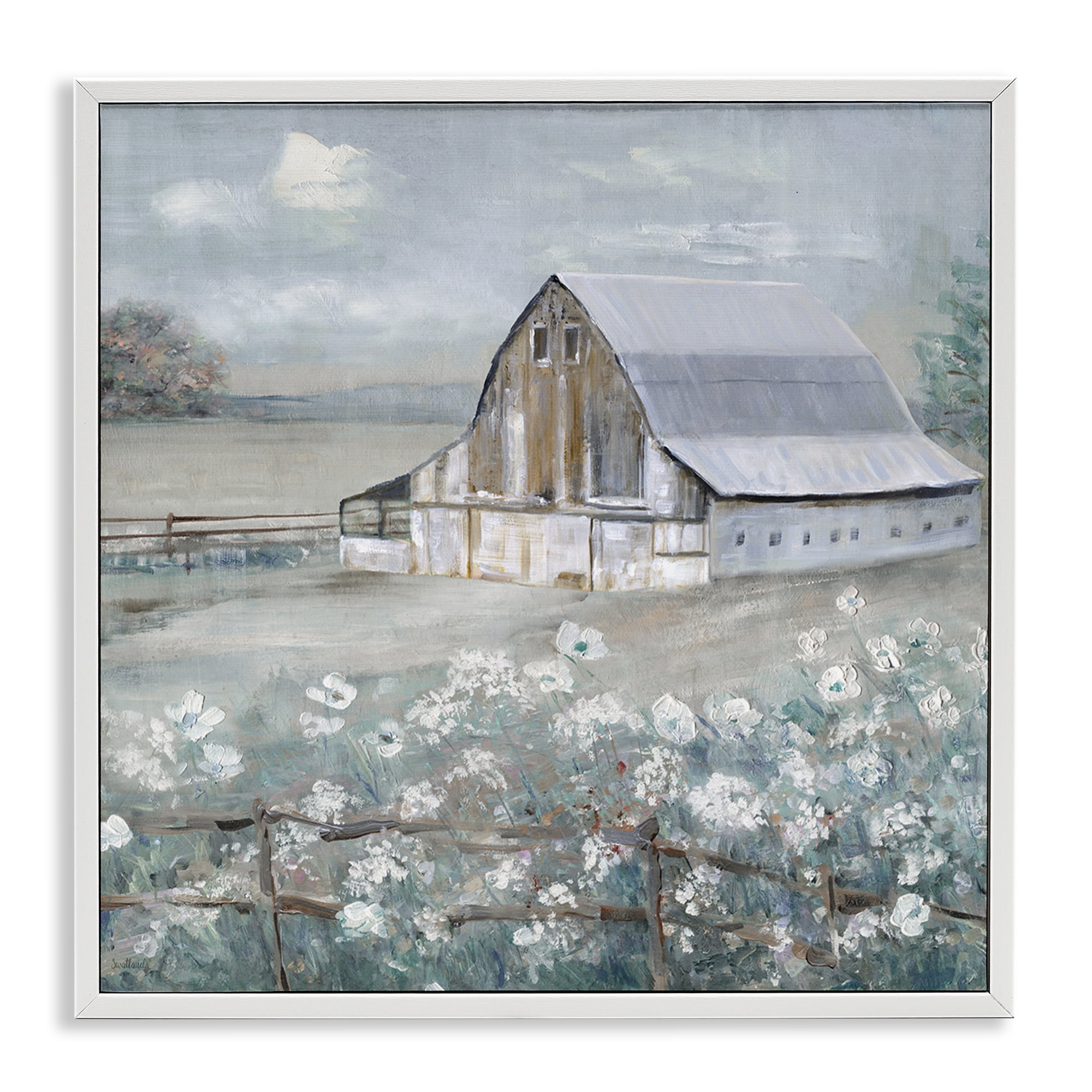 Stupell Industries Blooming Farmhouse Meadow Landscape & Nature Painting White Framed Art Print Wall Art, 12 x 12