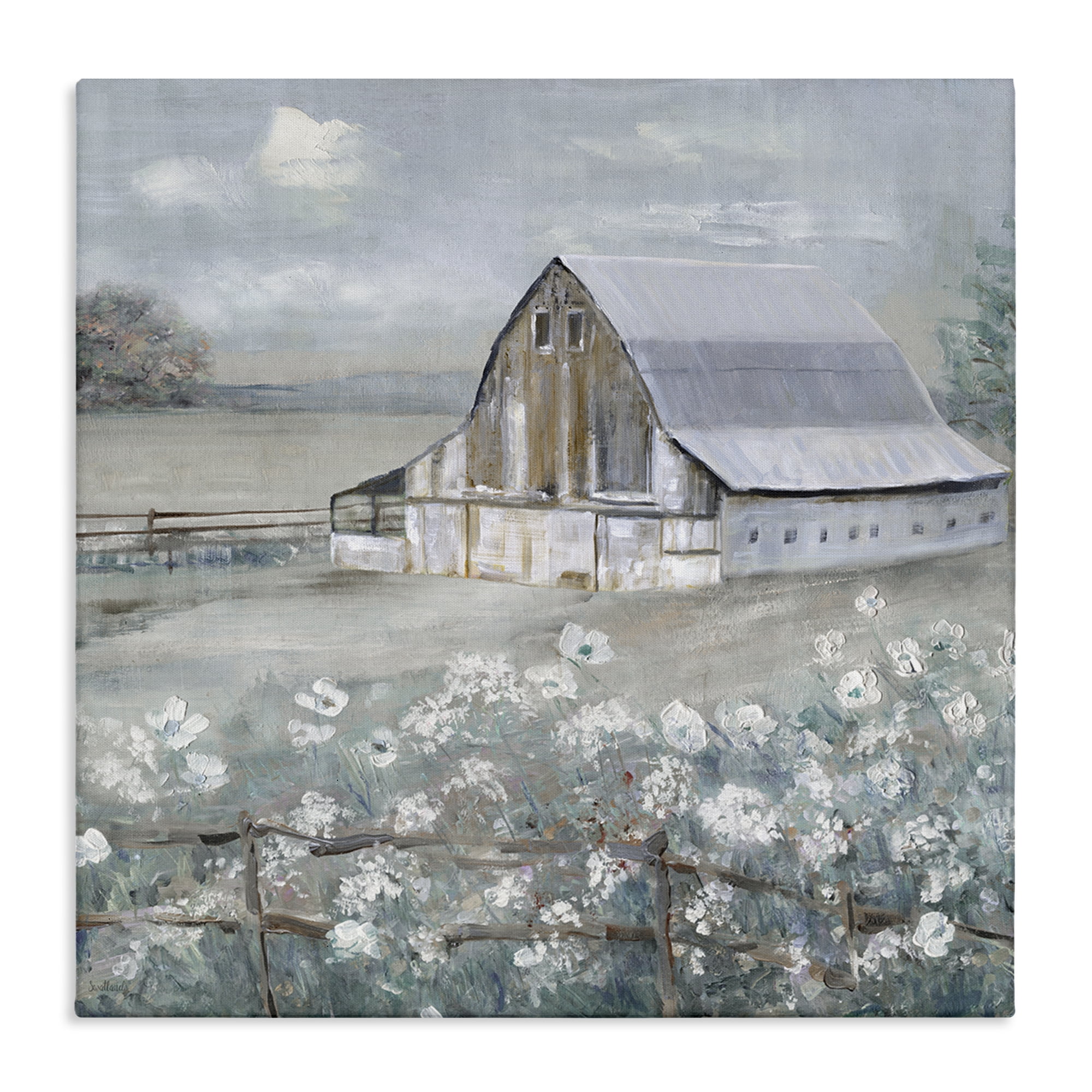 Stupell Industries Blooming Farmhouse Meadow Landscape & Nature Painting Wrapped Canvas Art Print Wall Art, 24 x 24